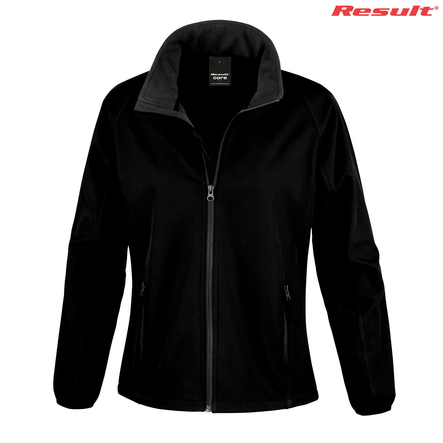 A black ladies' softshell jacket featuring a zip front and two side pockets. It has a branded logo on top.