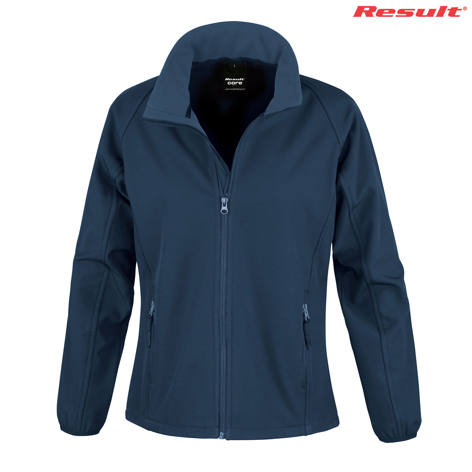 A ladies' softshell jacket in navy blue with a full zip and two front pockets, featuring a logo on the upper right.