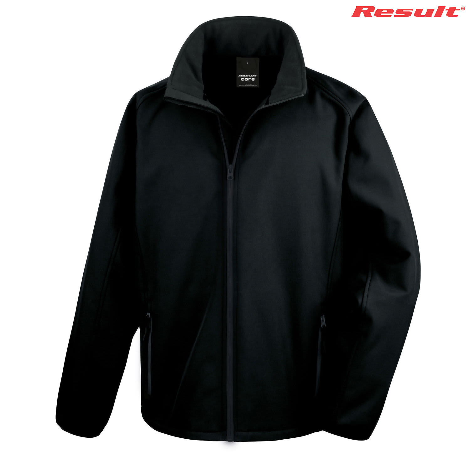 A black adult softshell jacket with a zip front and side pockets, featuring a logo on the upper right corner.