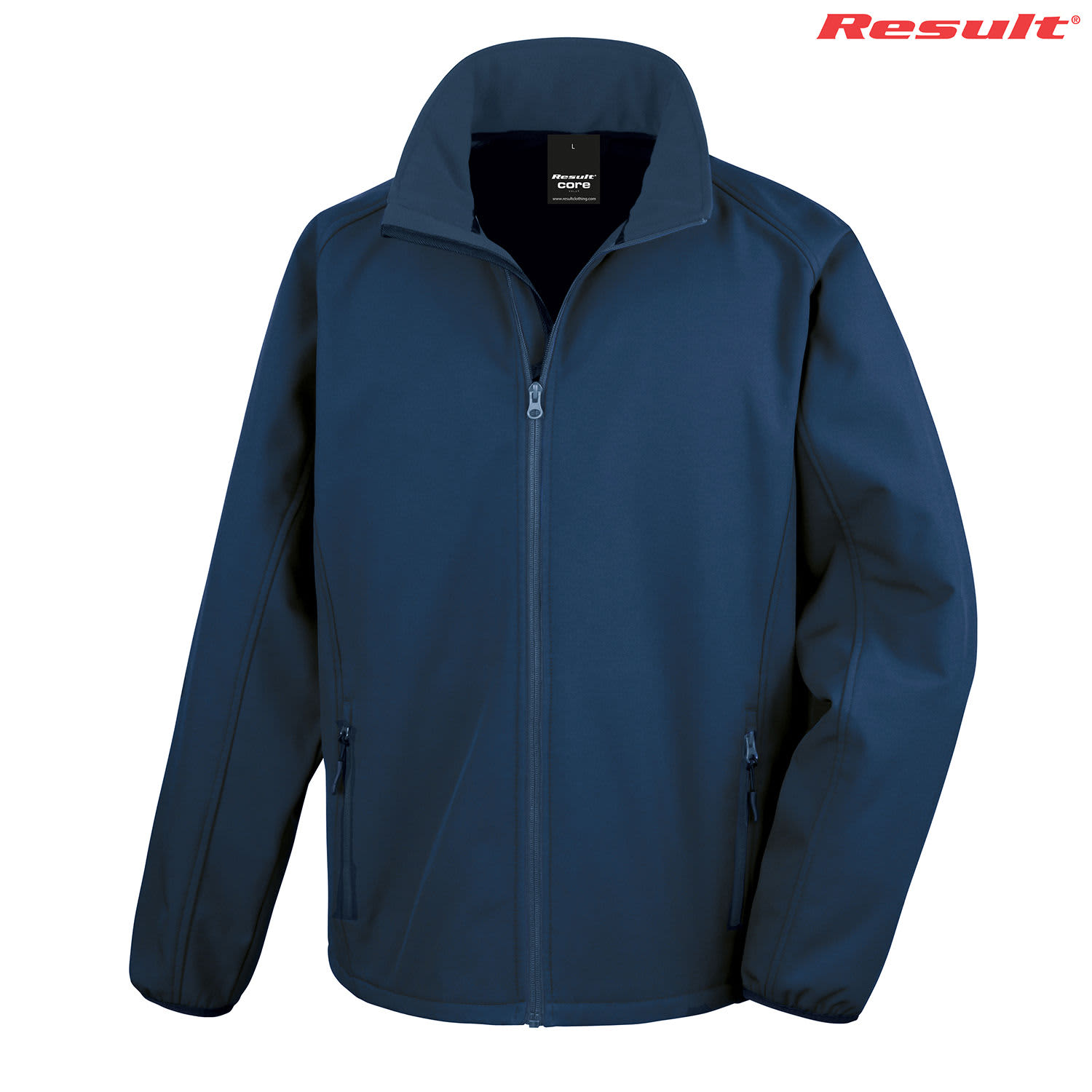 A navy softshell jacket with a full zip, side pockets, and a collar, featuring a logo on the upper right.
