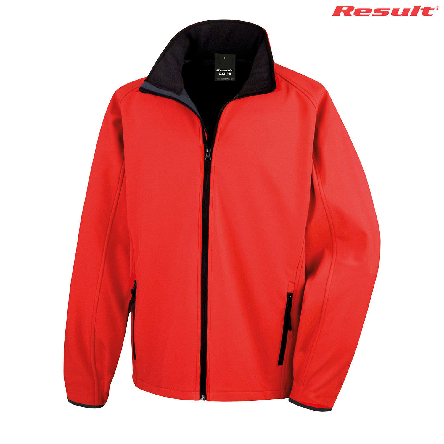 A red softshell jacket with a black collar and zippered pockets, featuring a branding logo.