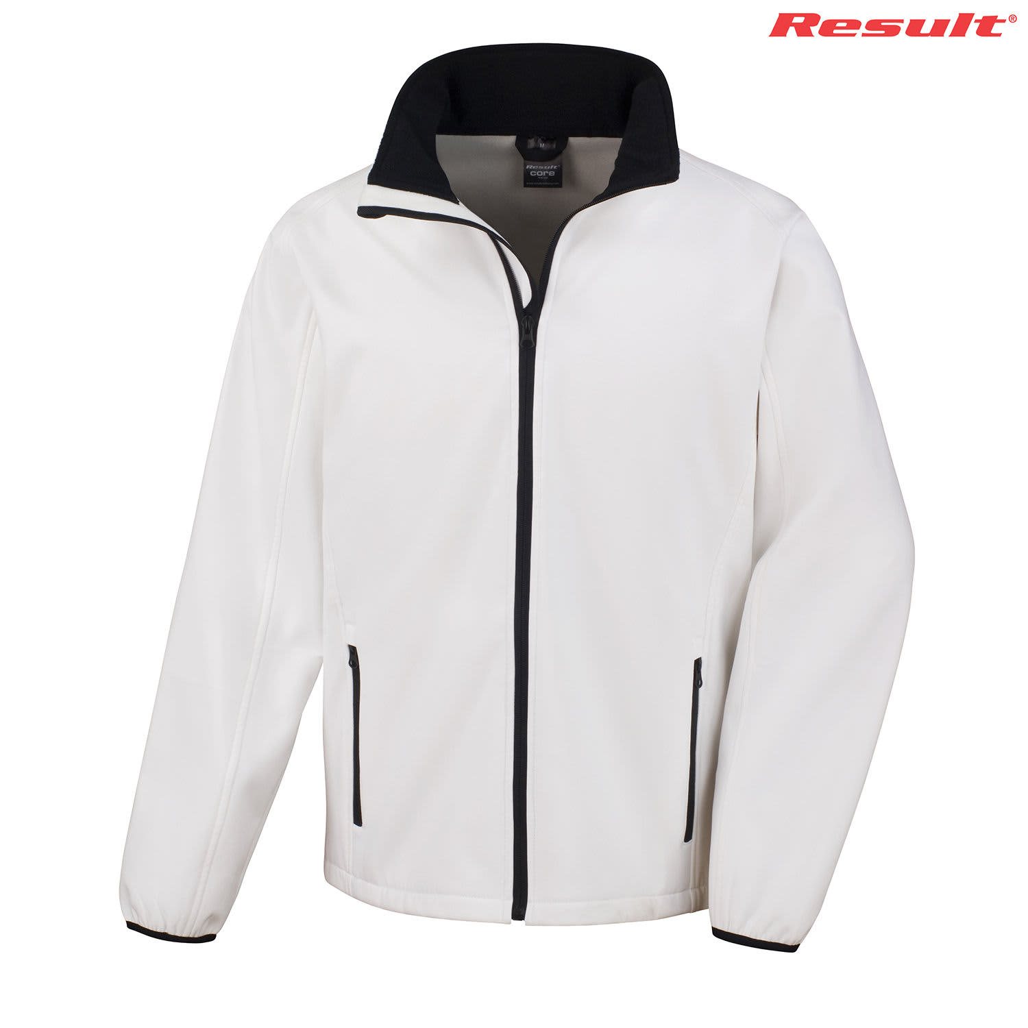 A white softshell jacket with a black collar and zipper, featuring side pockets and a logo.