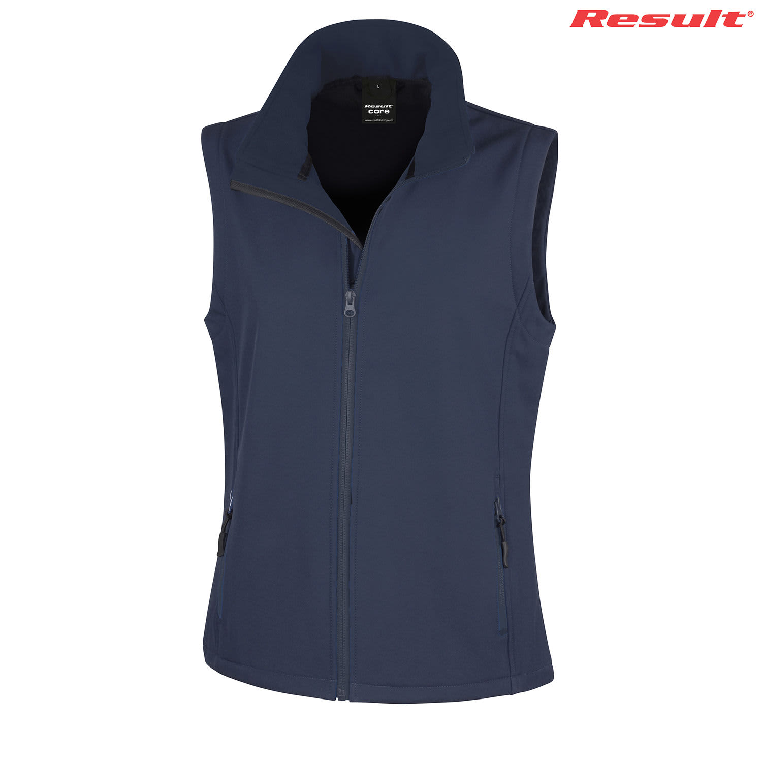 A navy softshell vest featuring a zip front and side pockets, with a logo on the upper right.