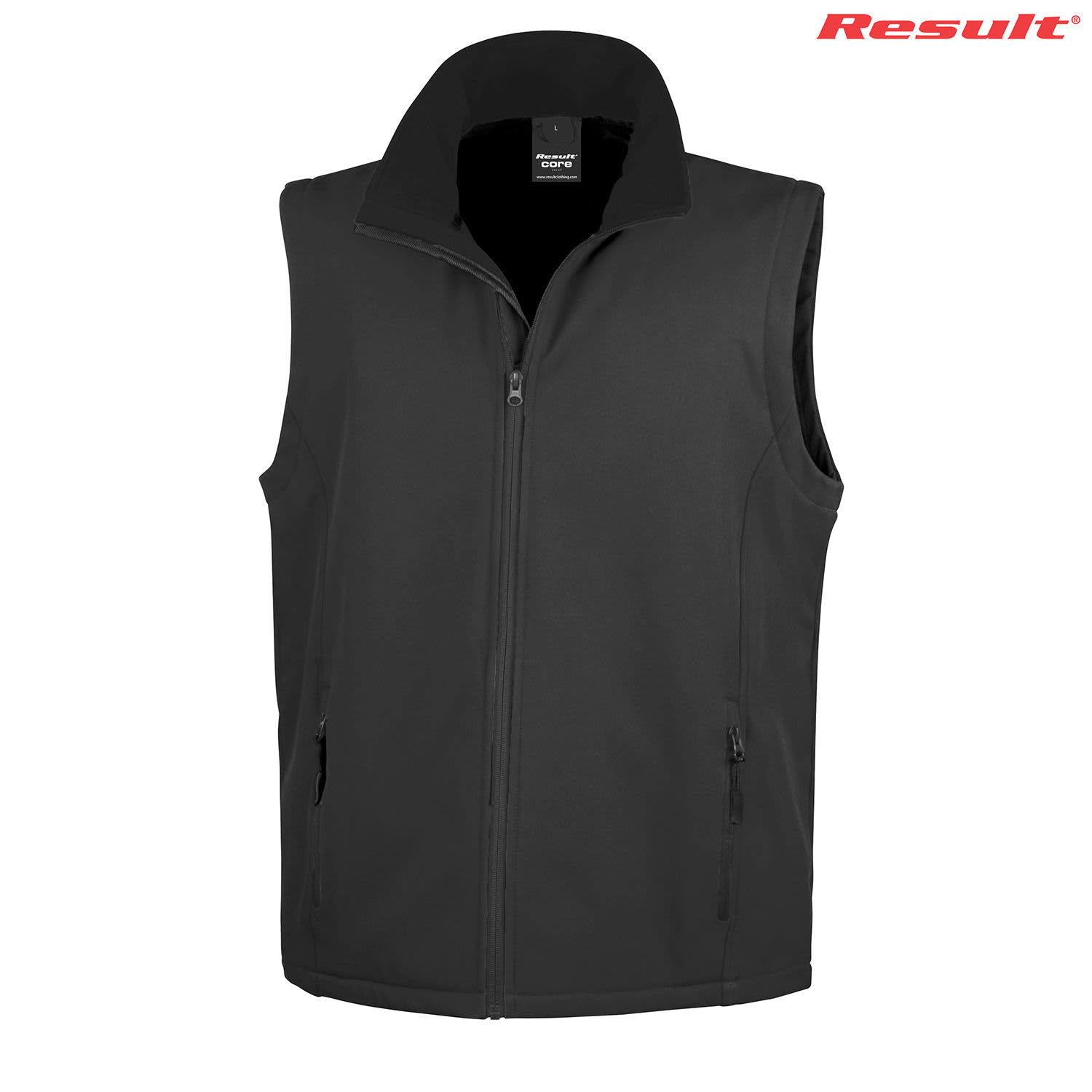 A black softshell vest with a collar and zippered pockets, featuring a logo on the upper right.