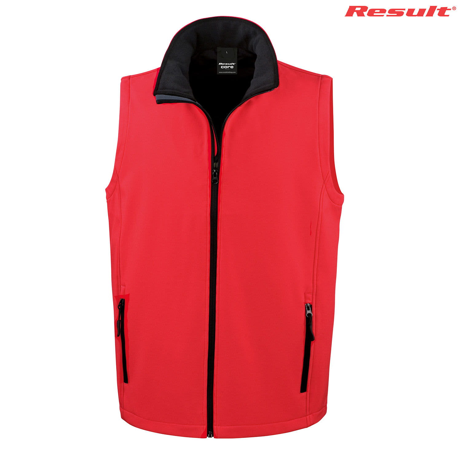 A red adult softshell vest with a black collar and zippered pockets, featuring a brand logo.