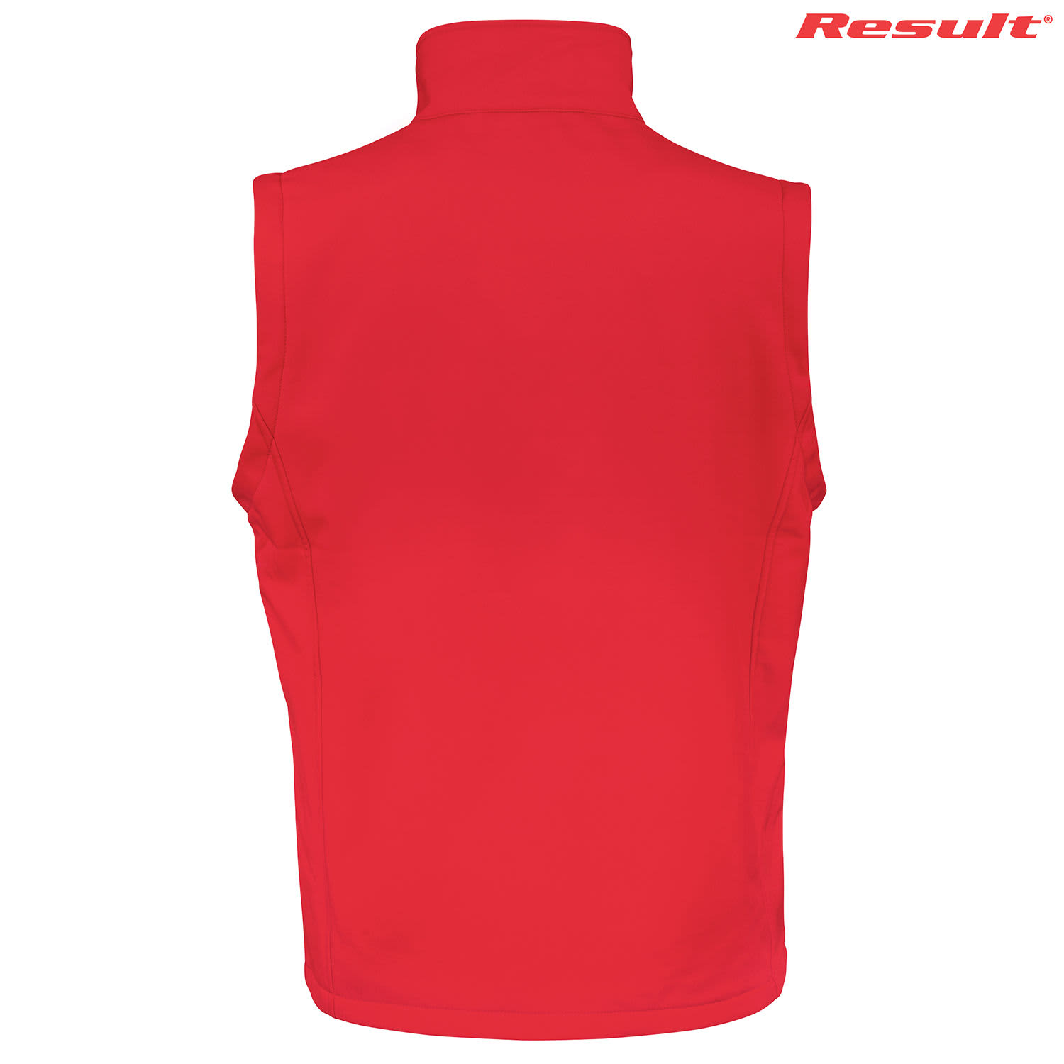 A red adult printable softshell vest with a high neck, featuring a logo on the upper right.