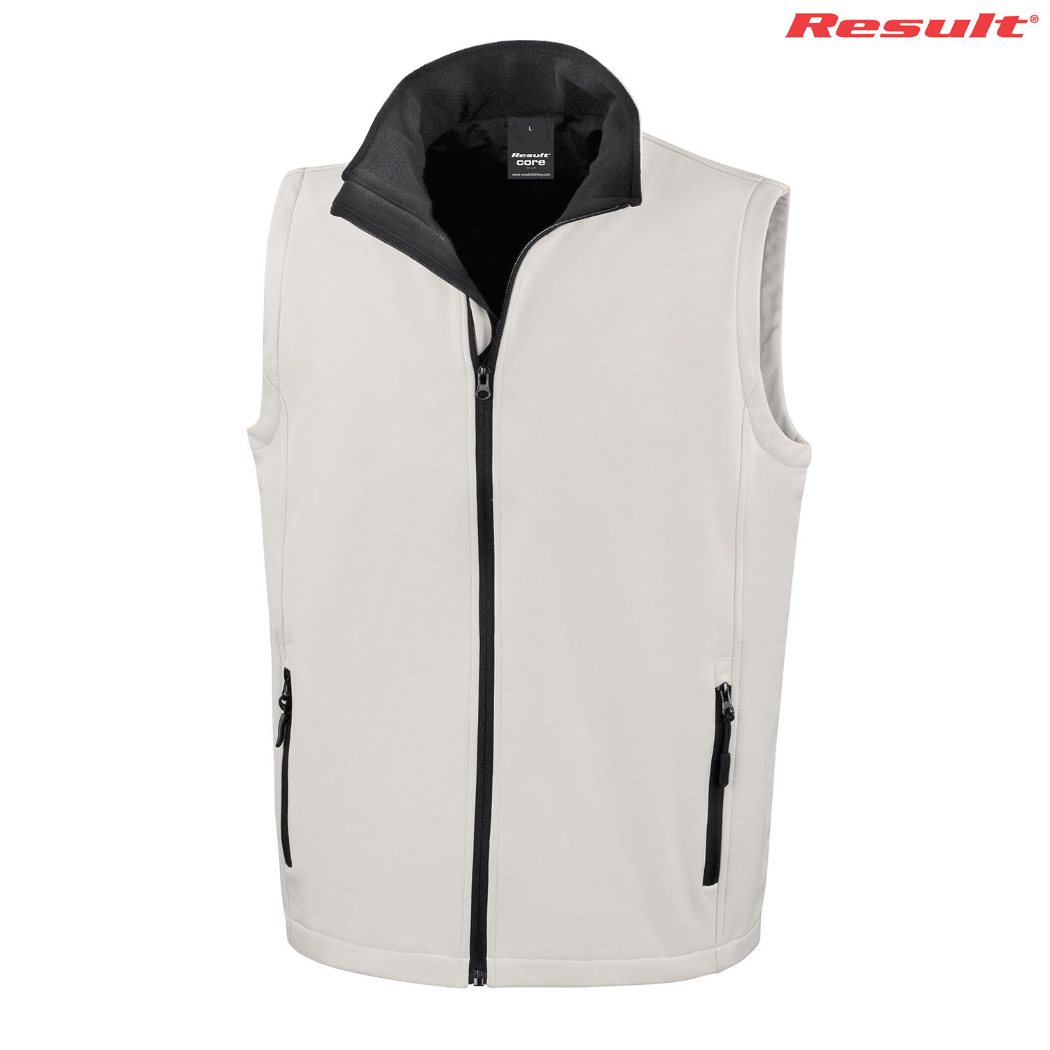 A light grey softshell vest with a black collar and zippered pockets, featuring a logo on the upper right.
