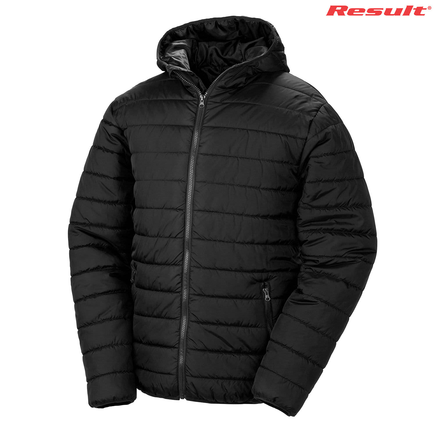 A black padded jacket with a hood and zippered front, featuring a logo on the top right.