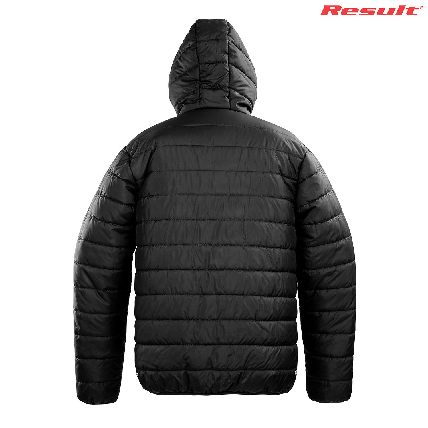 A black padded puffer jacket with a hood, featuring a logo on the upper section.