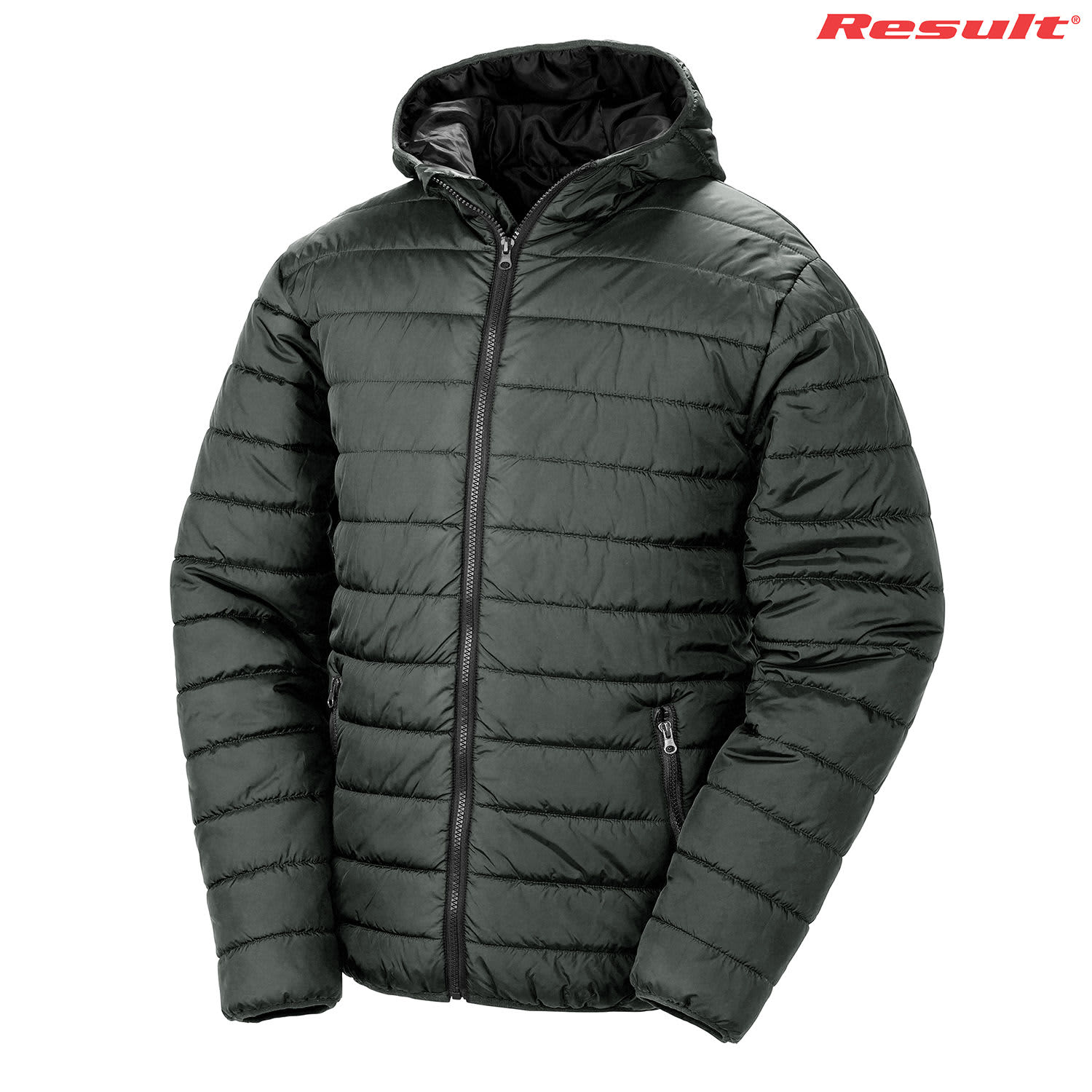 A green padded puffer jacket featuring a hood and zippered pockets, with a logo on the top right.