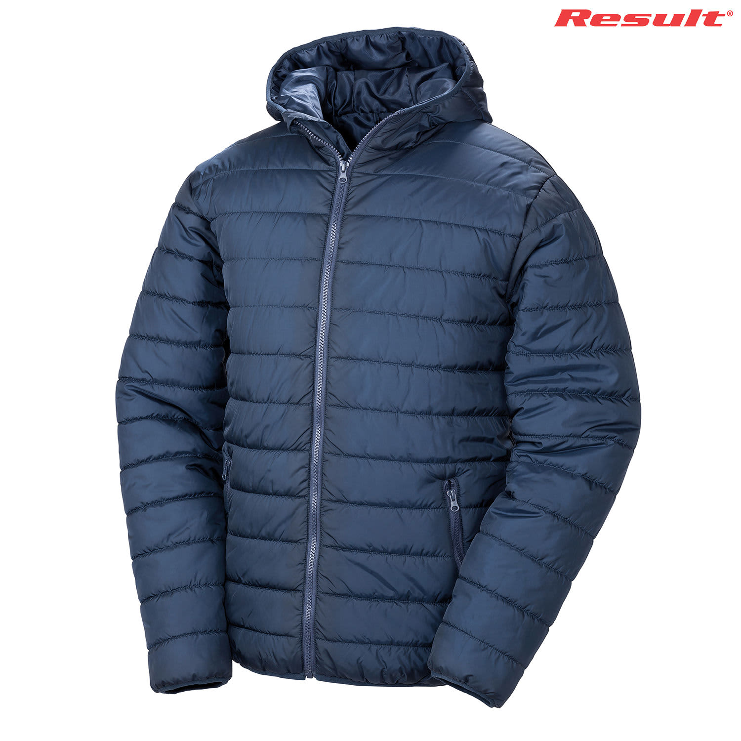 A navy blue puffer jacket with a hood, featuring a zip front and side pockets. It has a branding logo.