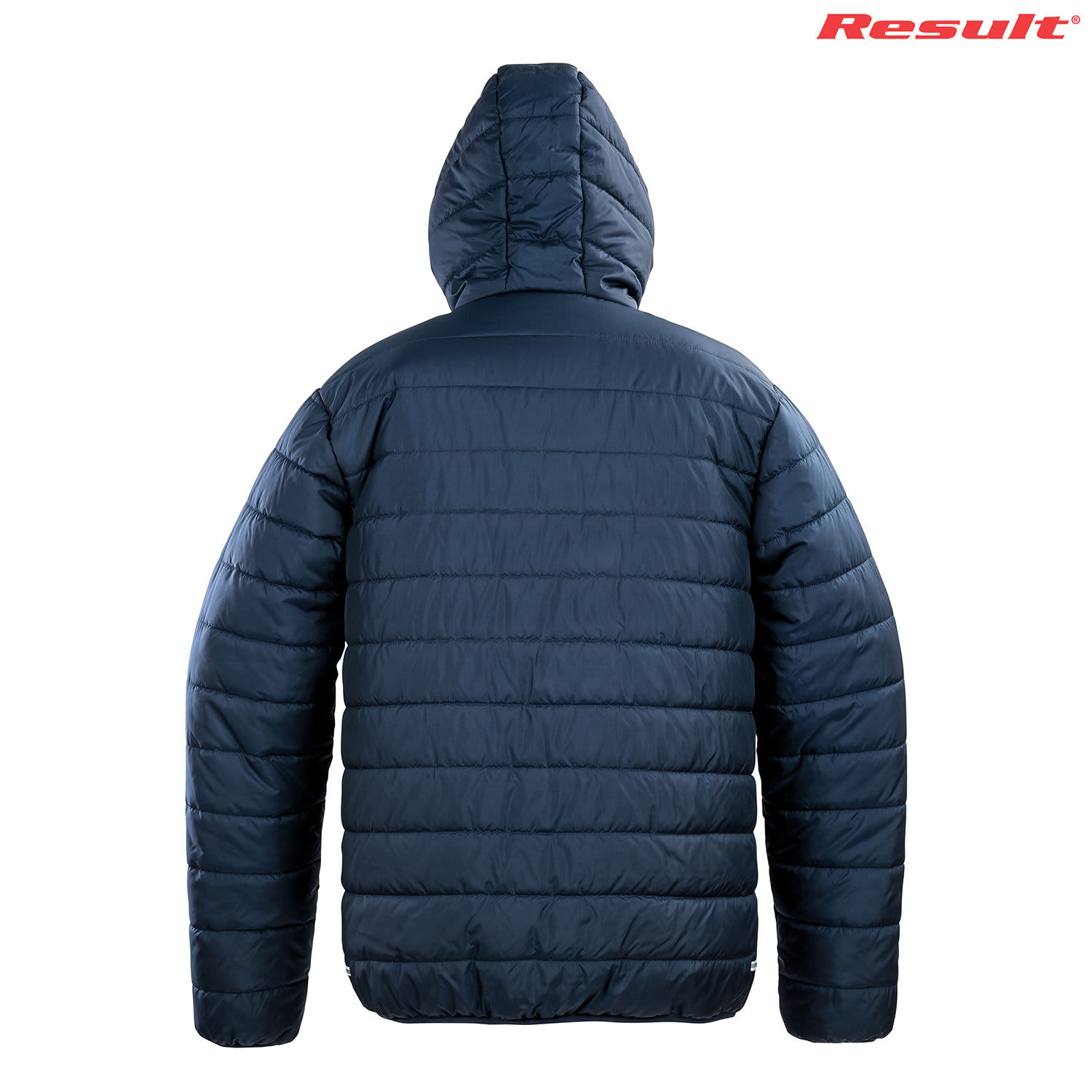 A navy blue soft padded jacket with a hood, featuring a logo on the upper right.