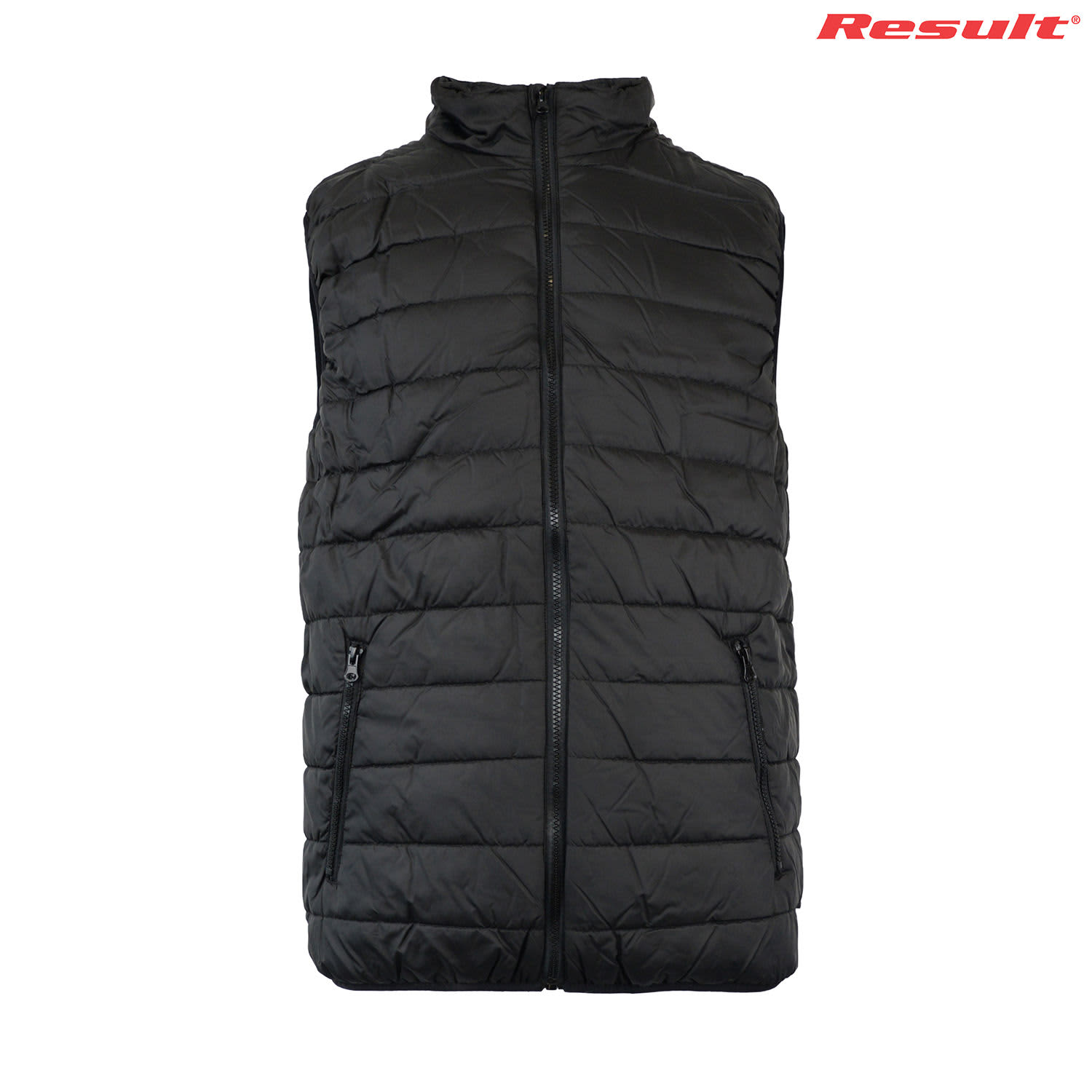 A black padded vest with a high collar and zip front, featuring two side pockets, and a logo on top.