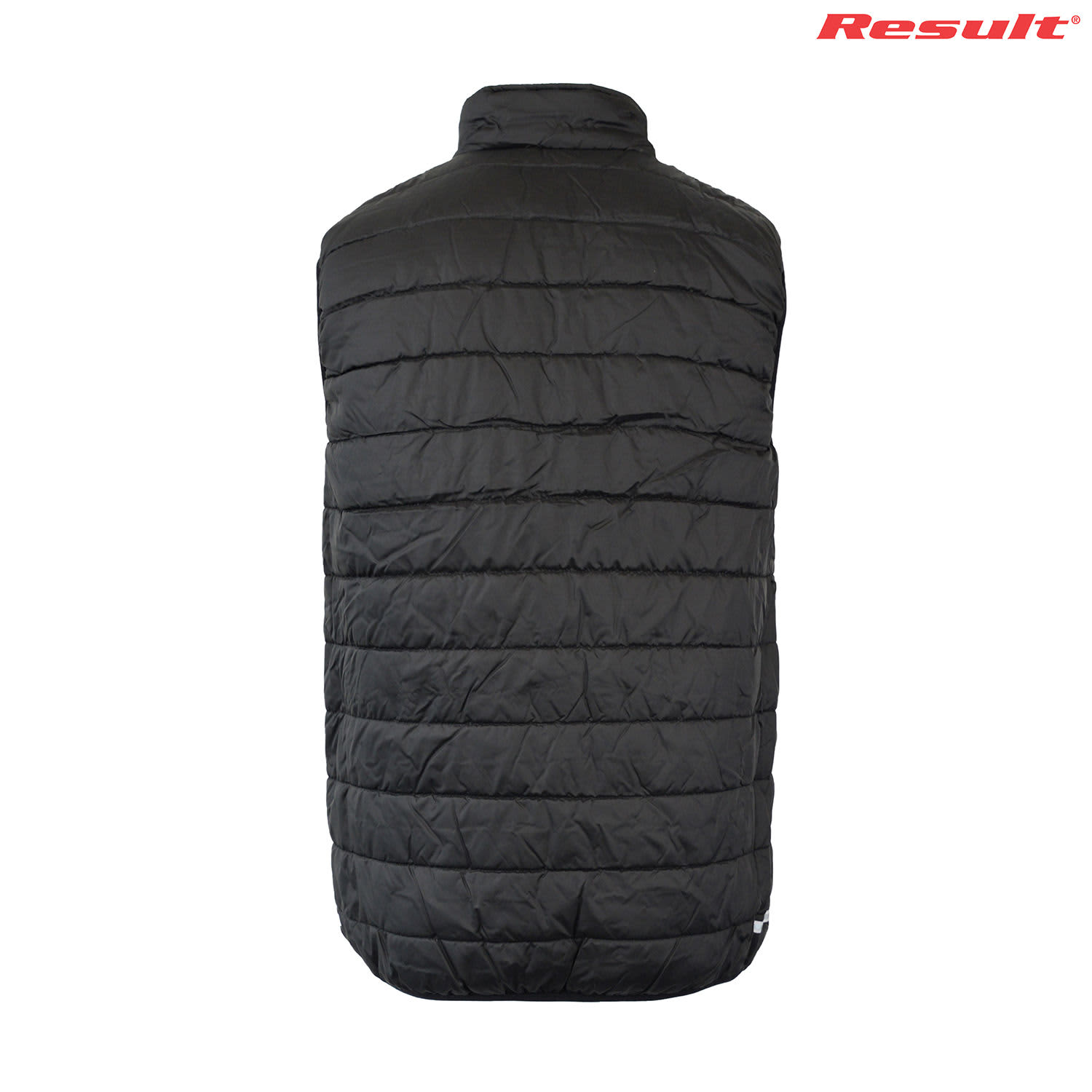 A black soft padded vest with a quilted texture, featuring a high collar and a logo at the top right.