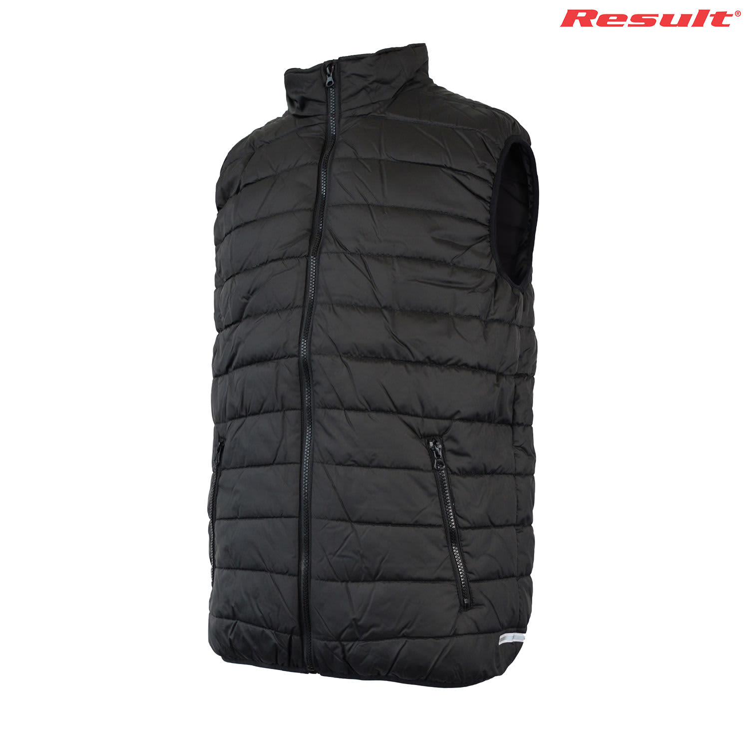 A black padded vest with a high collar, featuring zippered pockets and a logo on the upper right.
