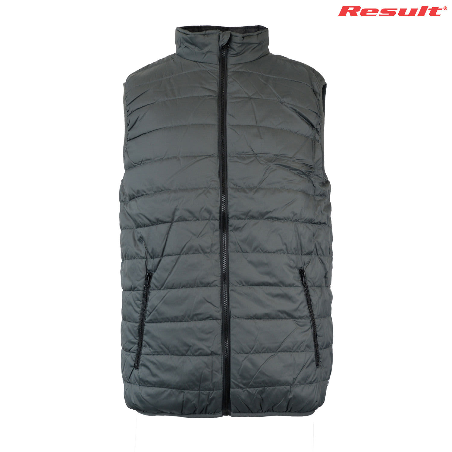 A soft padded adult vest in dark grey, featuring a high collar and two zippered pockets, with a logo on the upper right.