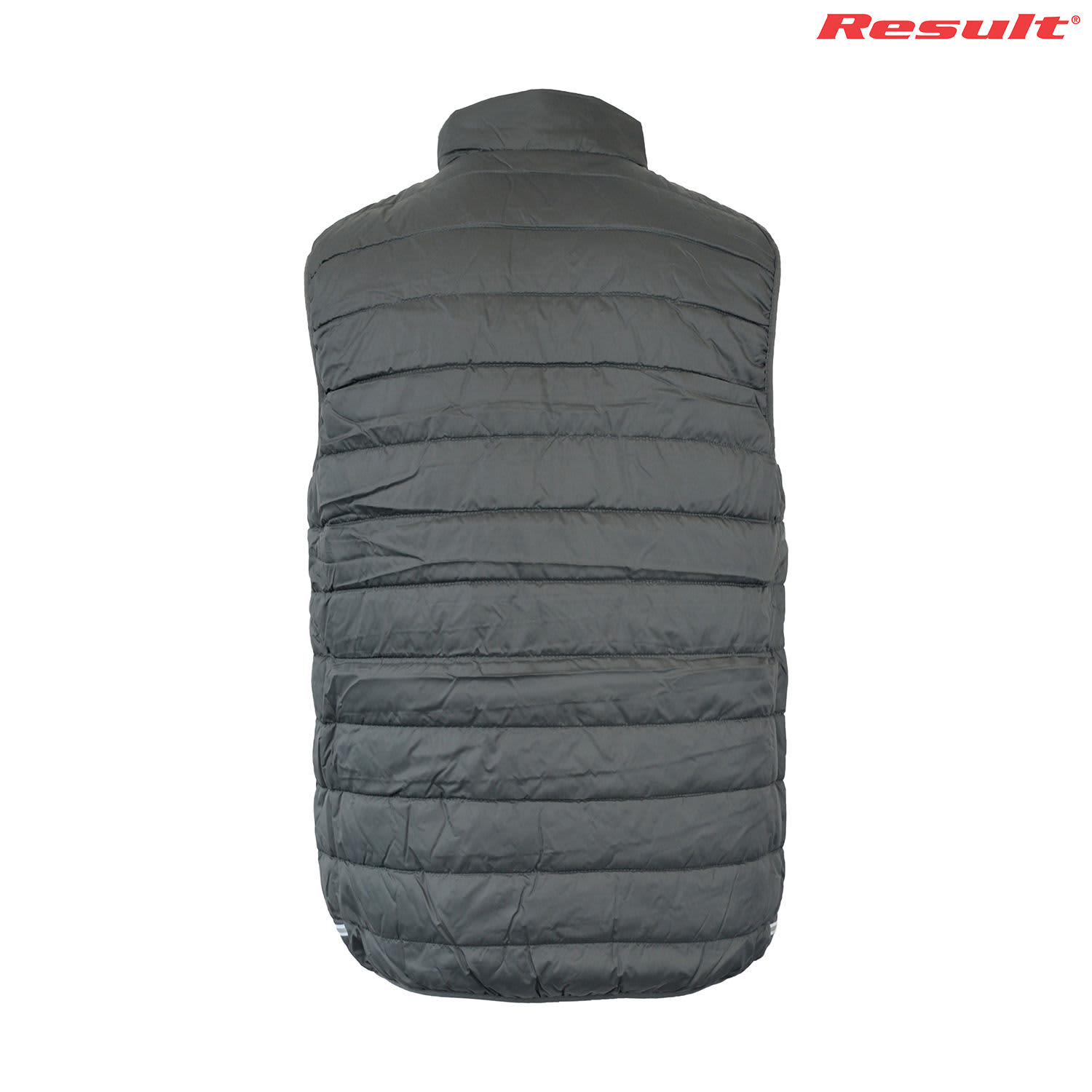 A soft padded vest in dark grey with a quilted design and a collar, featuring a logo.