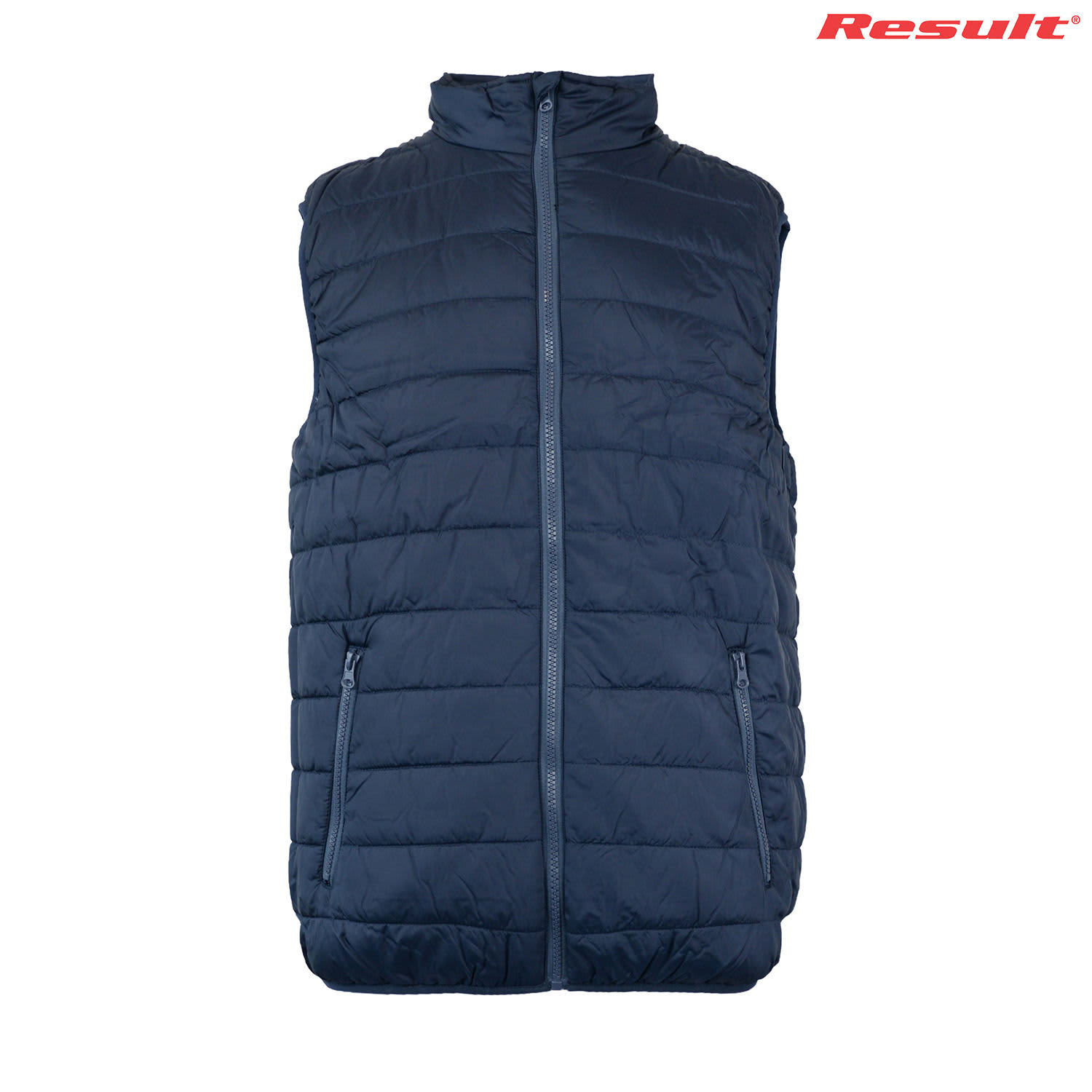 A navy blue padded vest featuring a high collar and zipped pockets, with a logo on the upper right.