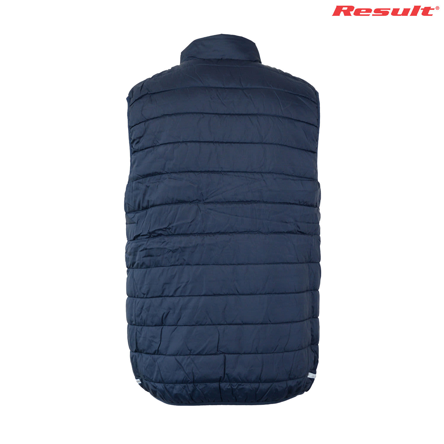 A navy padded vest with a sleek design, featuring a high collar and vertical stitching. It has a logo on it.