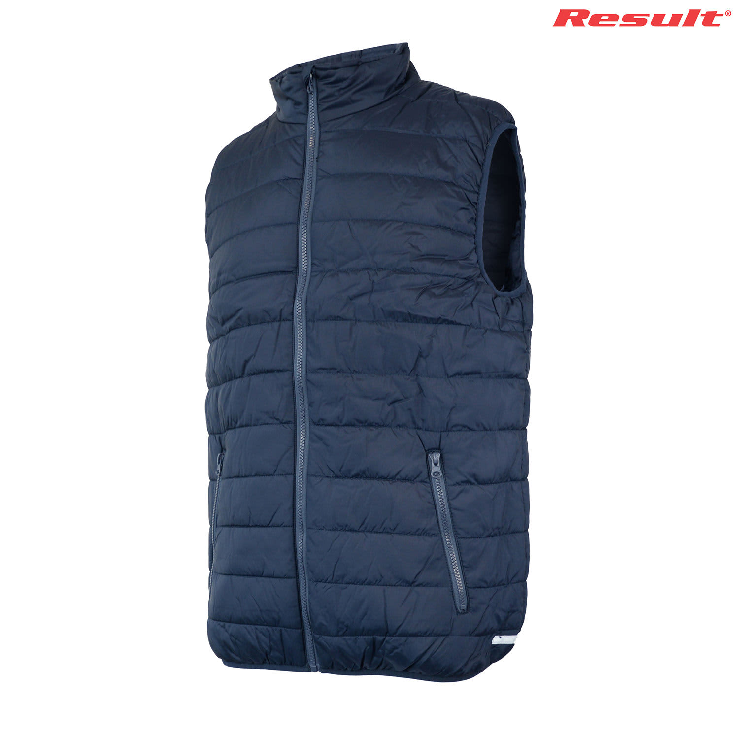 A padded vest in navy blue with a high collar and zippered pockets, featuring a logo.