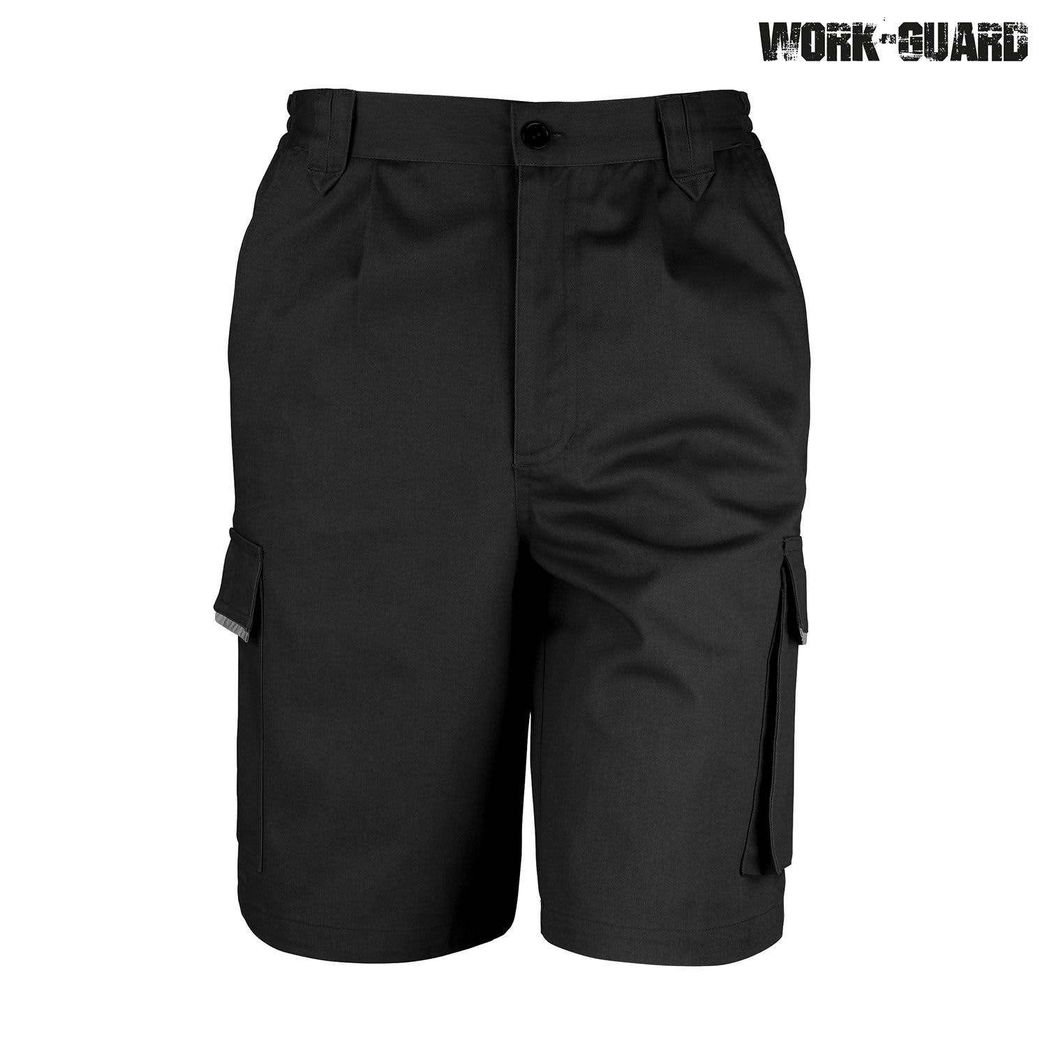 Black work shorts with cargo pockets and a branded logo. Suitable for workwear applications.
