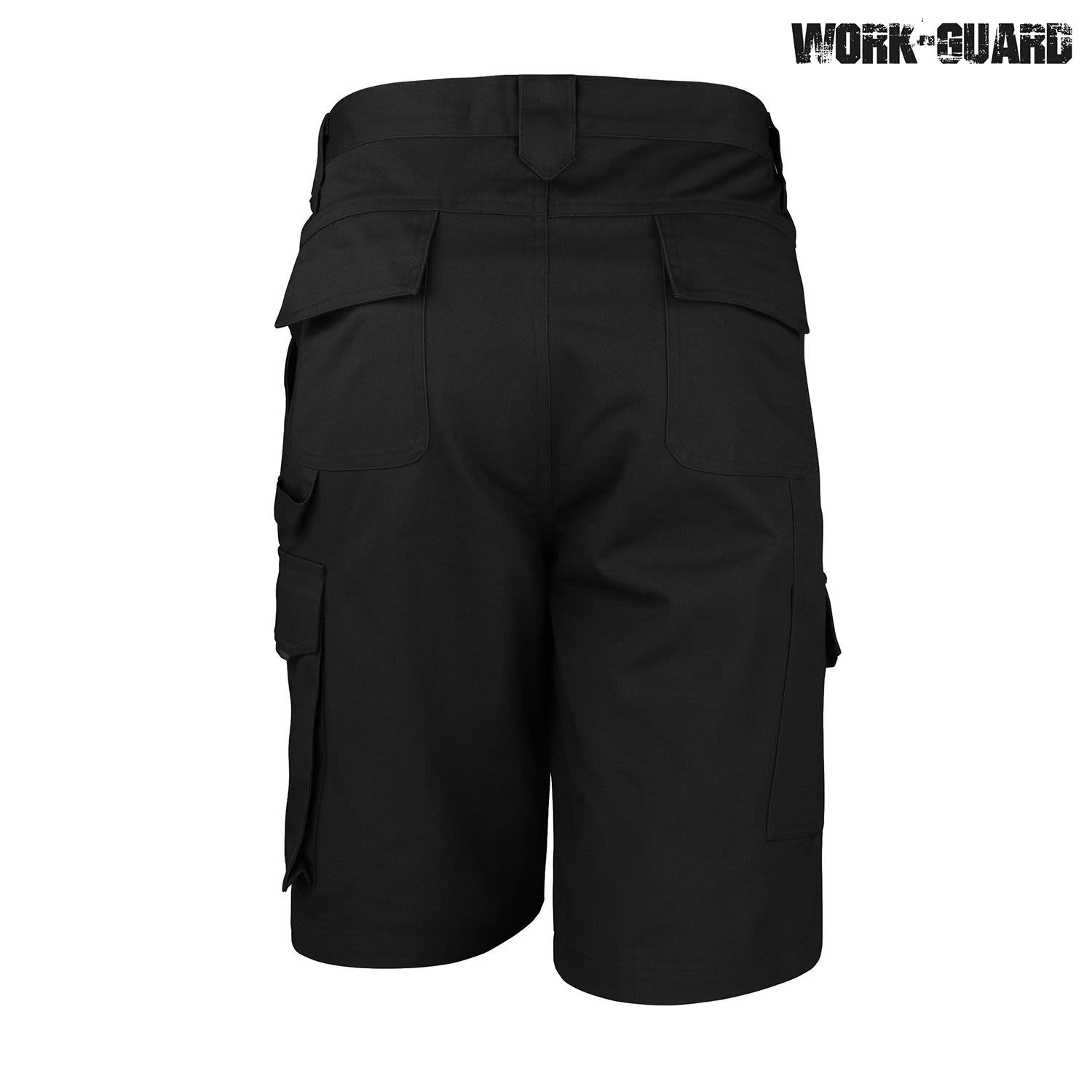 Black work shorts with multiple pockets and a logo, designed for durability and functionality.