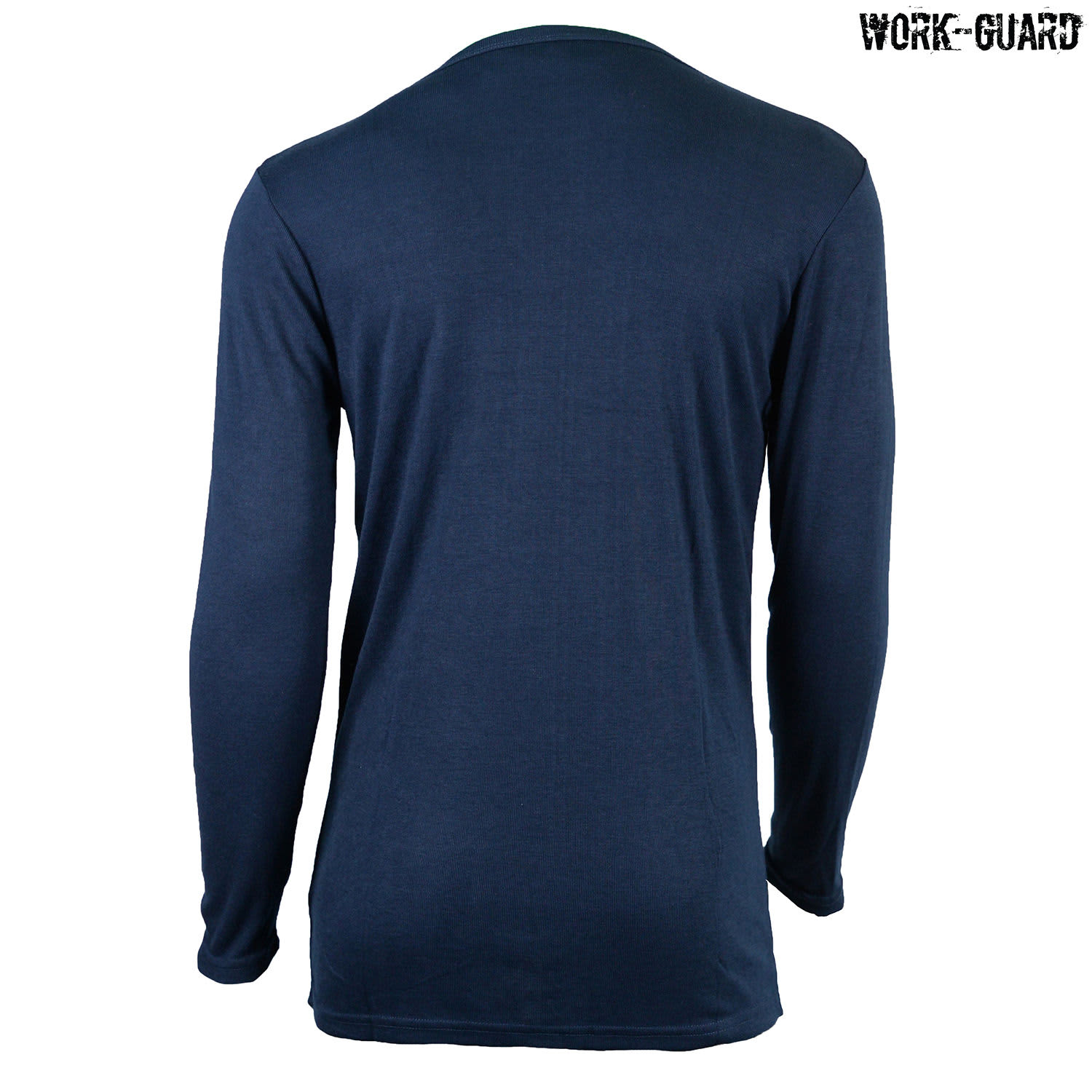 A navy longsleeve round neck thermal shirt, featuring a back view and a logo. Suitable for workwear.