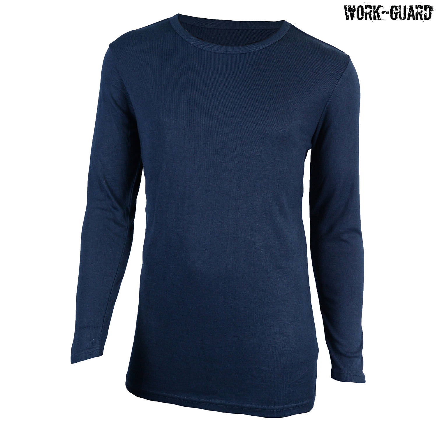 A navy long-sleeve round neck thermal work shirt with a fitted design and a logo.