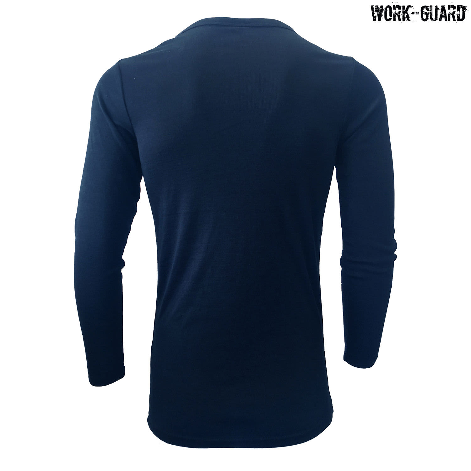 A long-sleeve v-neck thermal shirt in navy blue with a back view and a logo present.