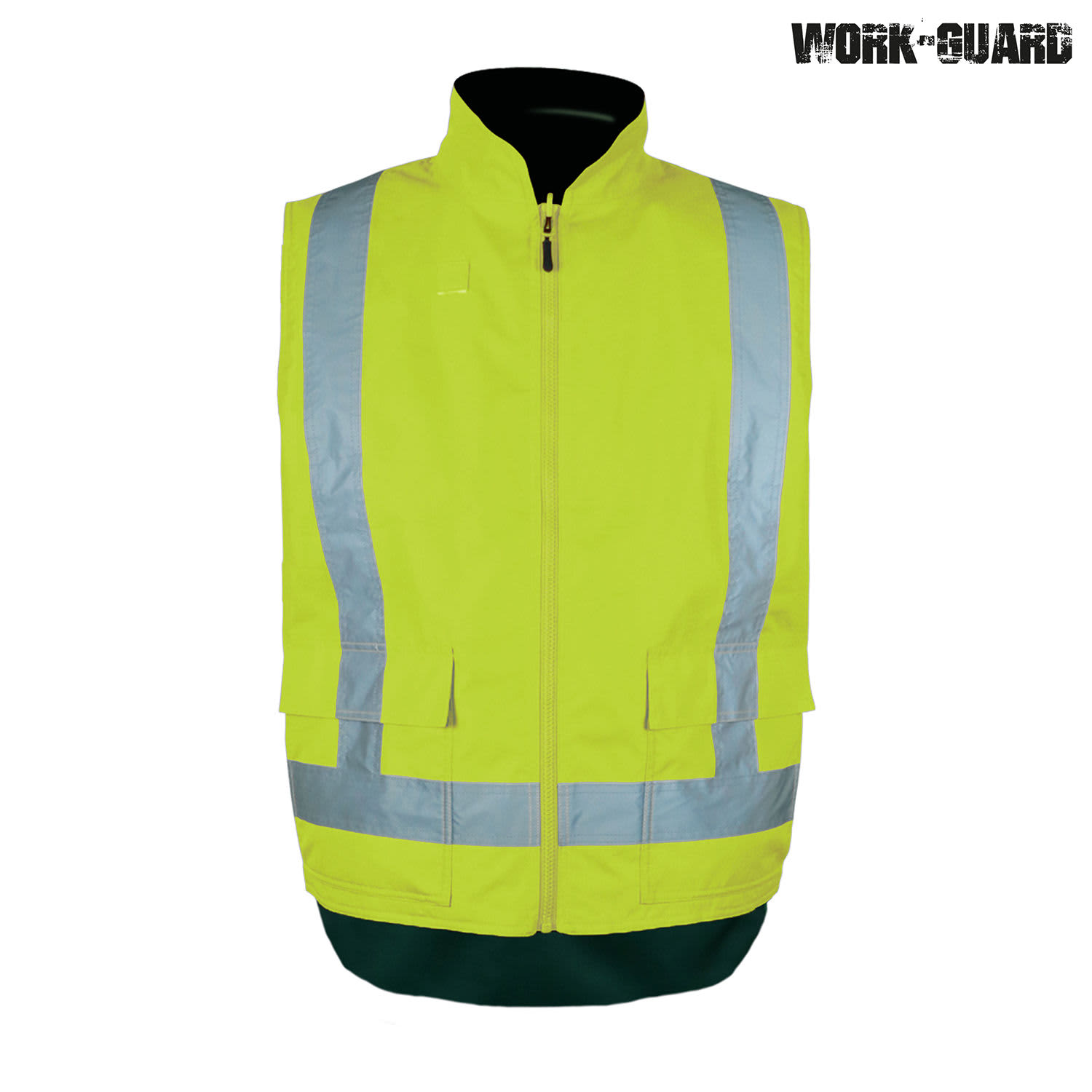 A high visibility yellow reversible fleece lined safety vest with reflective stripes and a collar, featuring a logo.