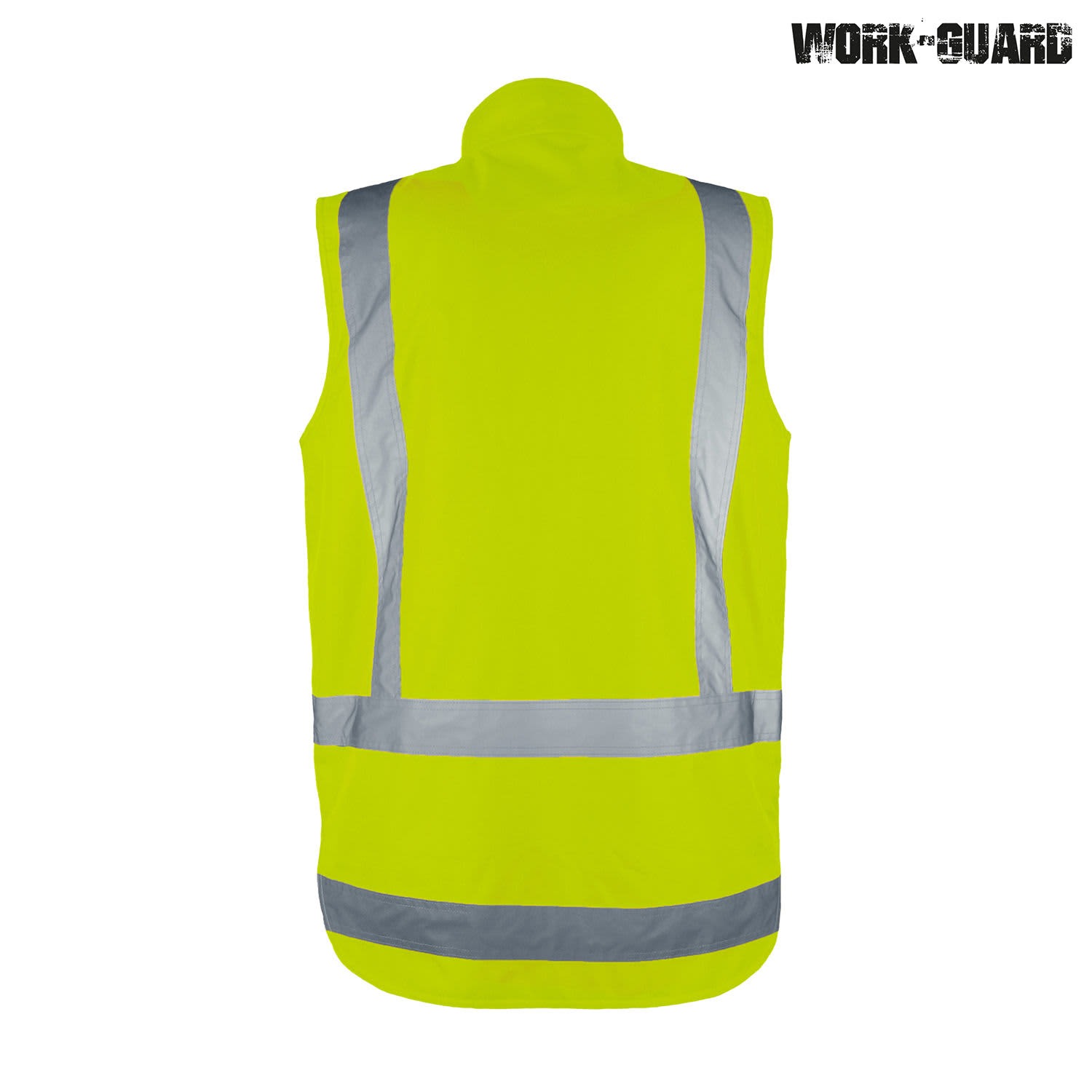 A reversible fleece lined safety vest in high visibility yellow, featuring reflective stripes and a branding logo.