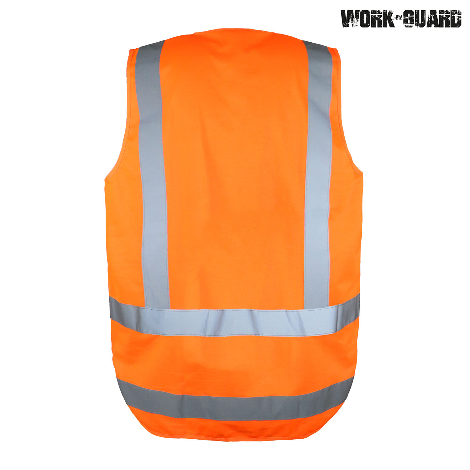 An orange safety vest featuring reflective silver stripes and a logo, designed for high visibility in day and night conditions.