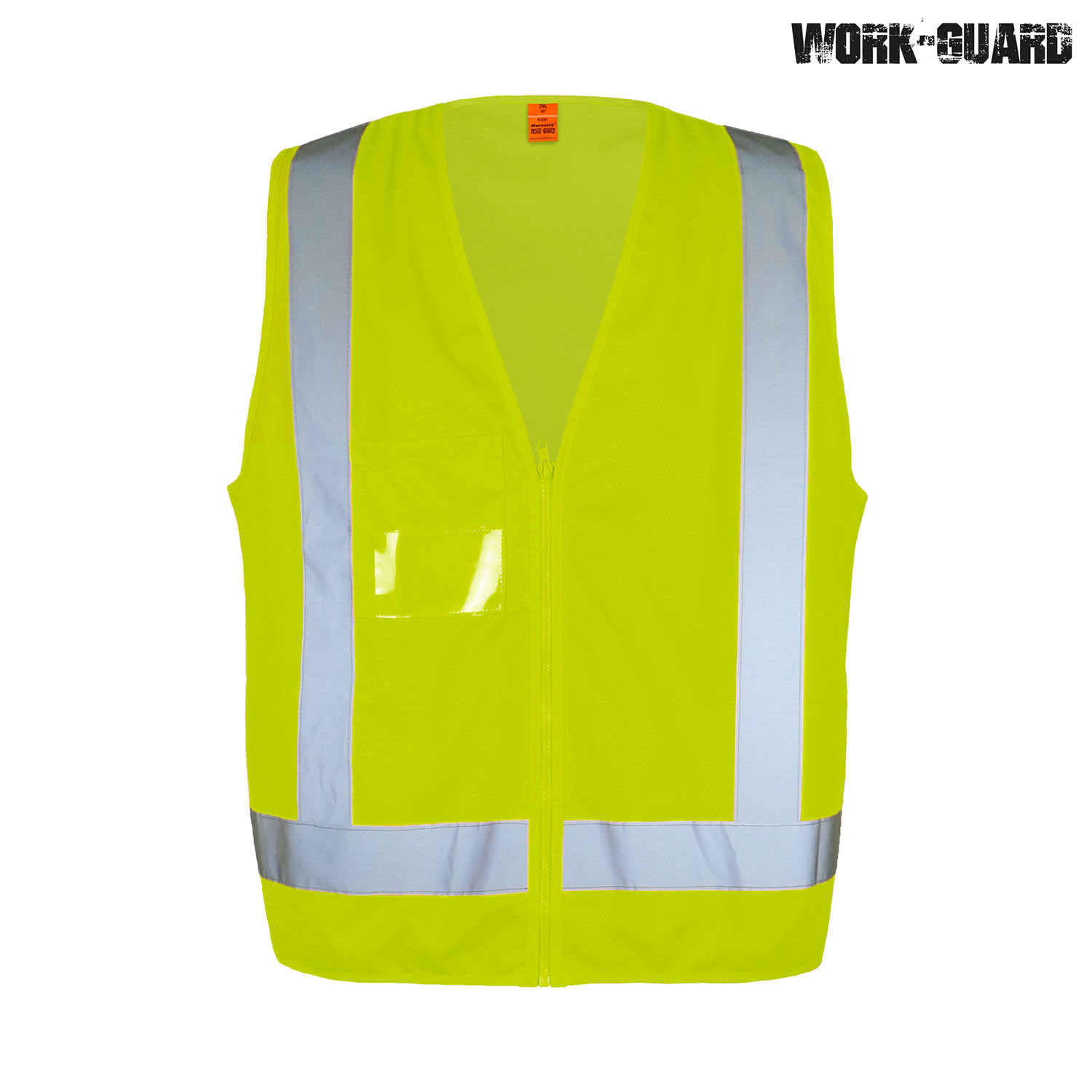A bright yellow safety vest featuring reflective silver stripes and a front pocket. It has a branding logo.