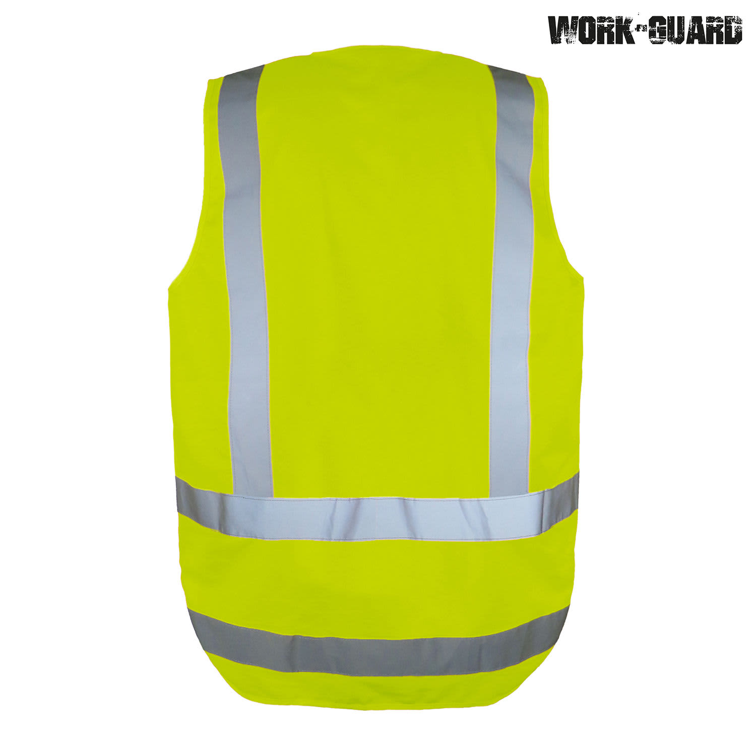 A bright yellow safety vest featuring reflective stripes and a logo. Ideal for visibility in day and night conditions.