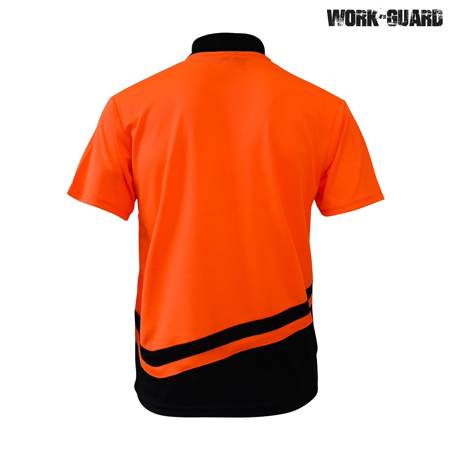An orange and black polo shirt with a logo, featuring a design that includes a curved black stripe on the back.