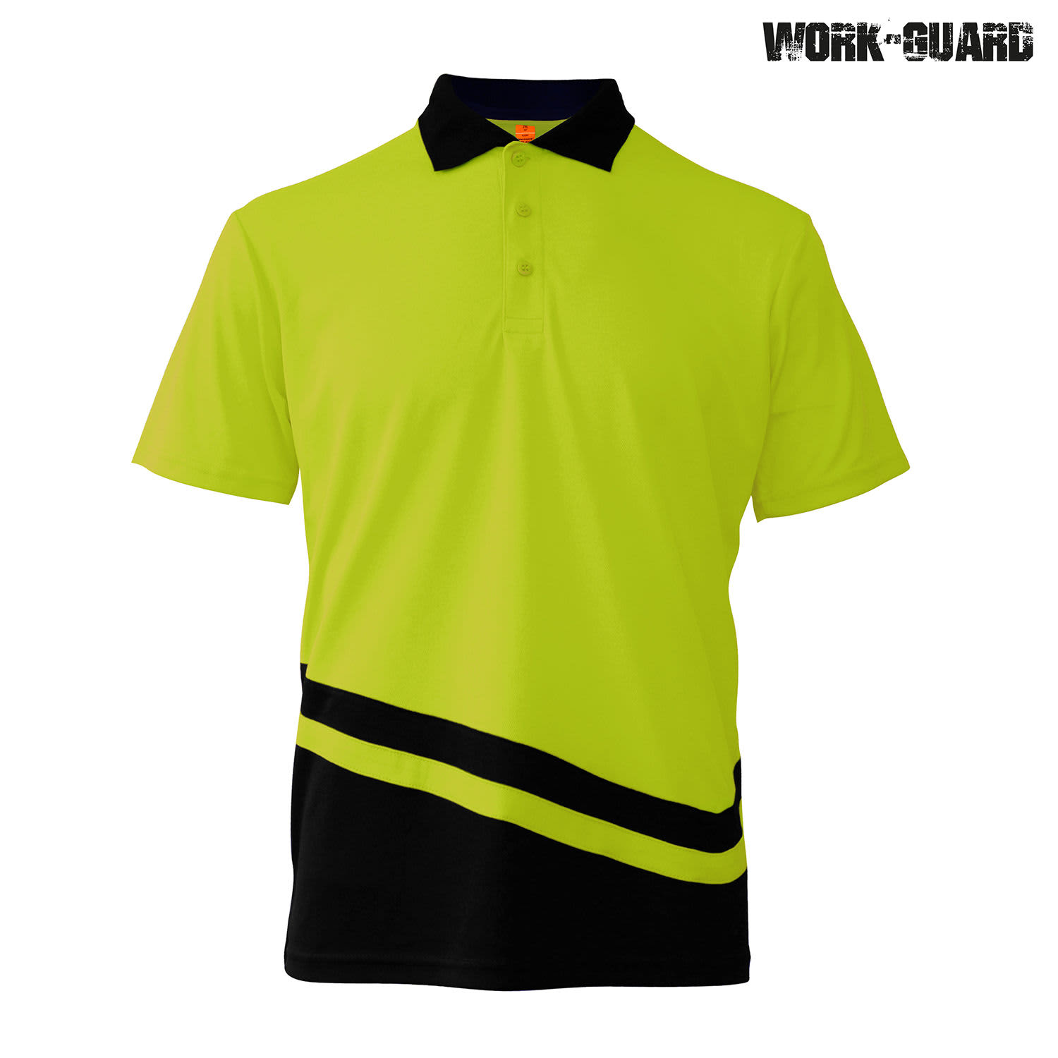 A bright yellow polo shirt with black accents and a logo, designed for workwear and performance.