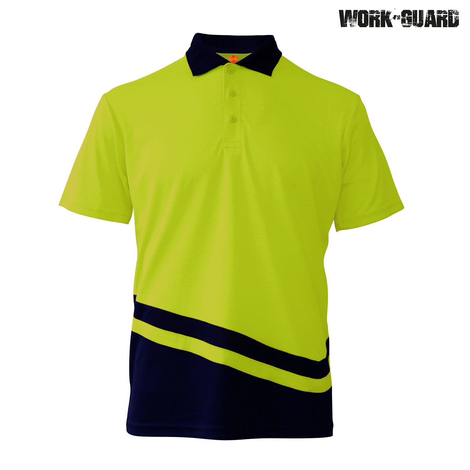A bright yellow polo shirt with a navy blue design and a collar. It features a logo.