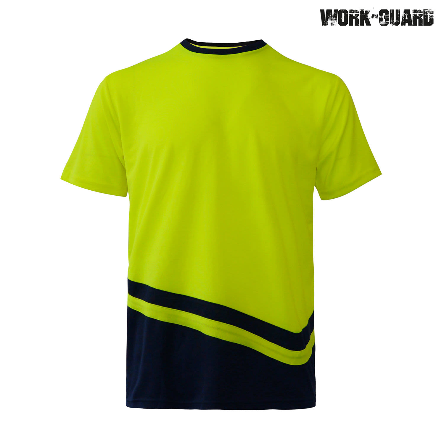 A bright yellow and navy blue Work-Guard Peak Performance T-Shirt with a logo, designed for workwear.