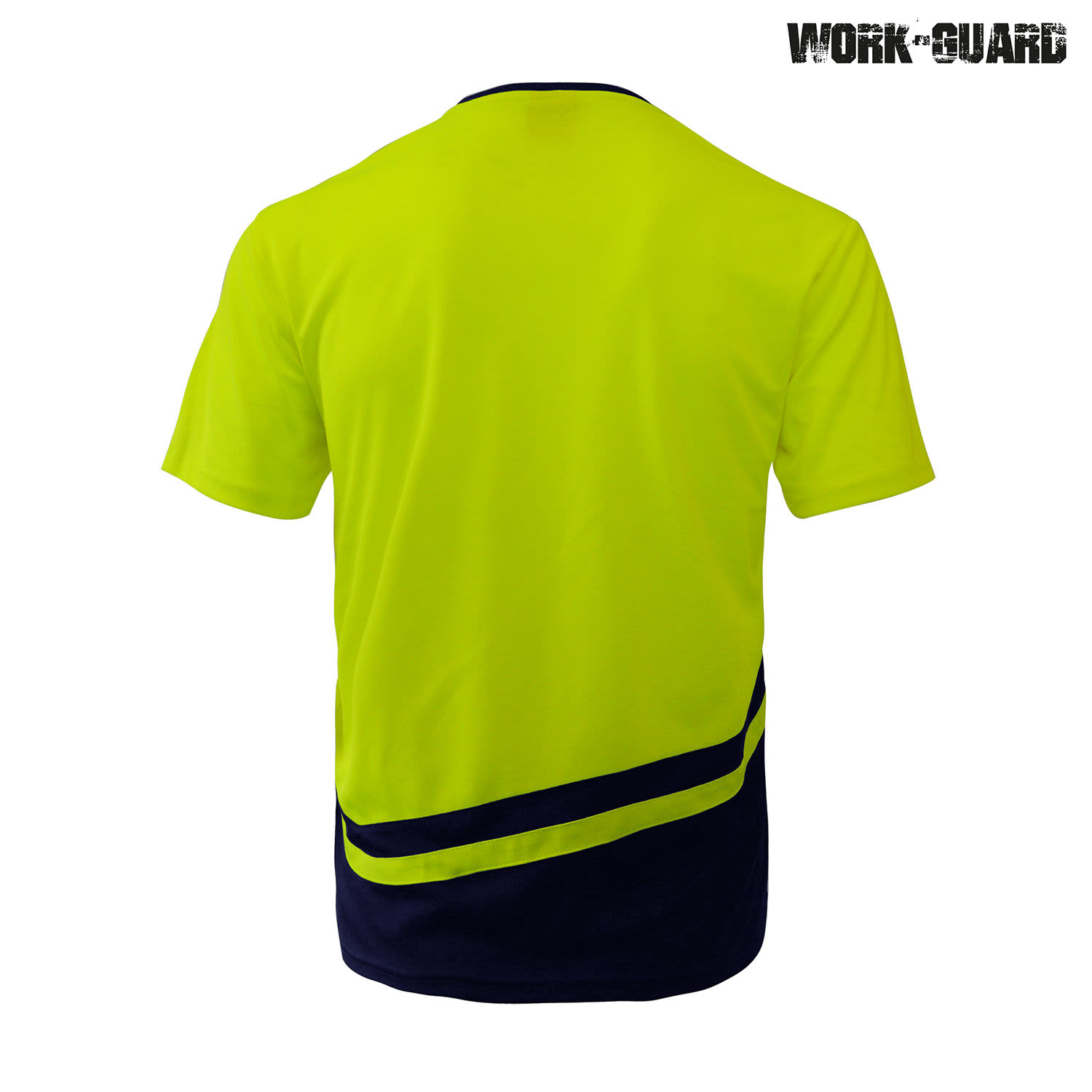 A bright yellow and navy blue work t-shirt featuring a logo and a sporty design.