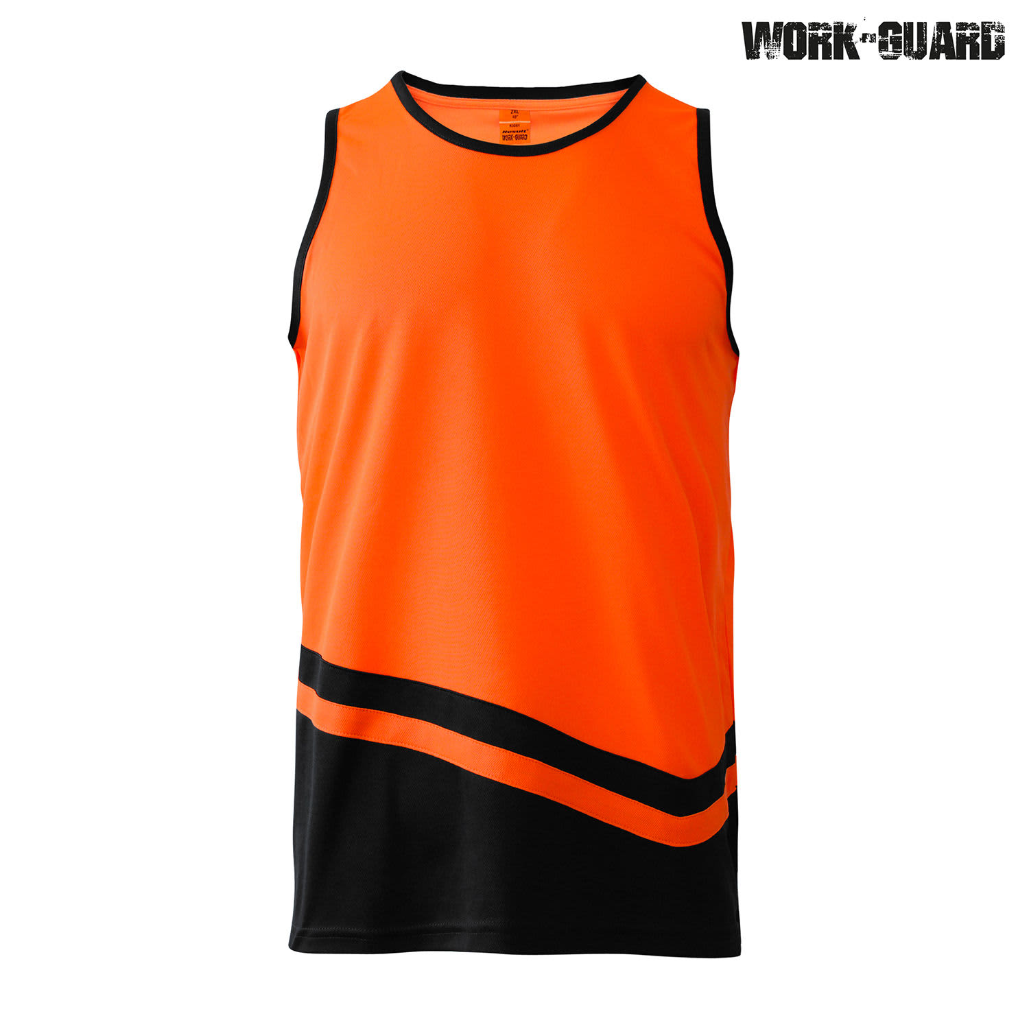 An orange and black singlet with a curved design, featuring a branding logo.