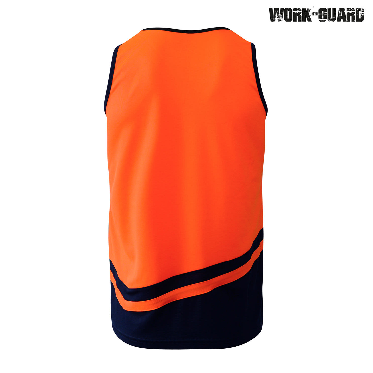 An orange and navy work singlet featuring a logo, designed for performance and durability.
