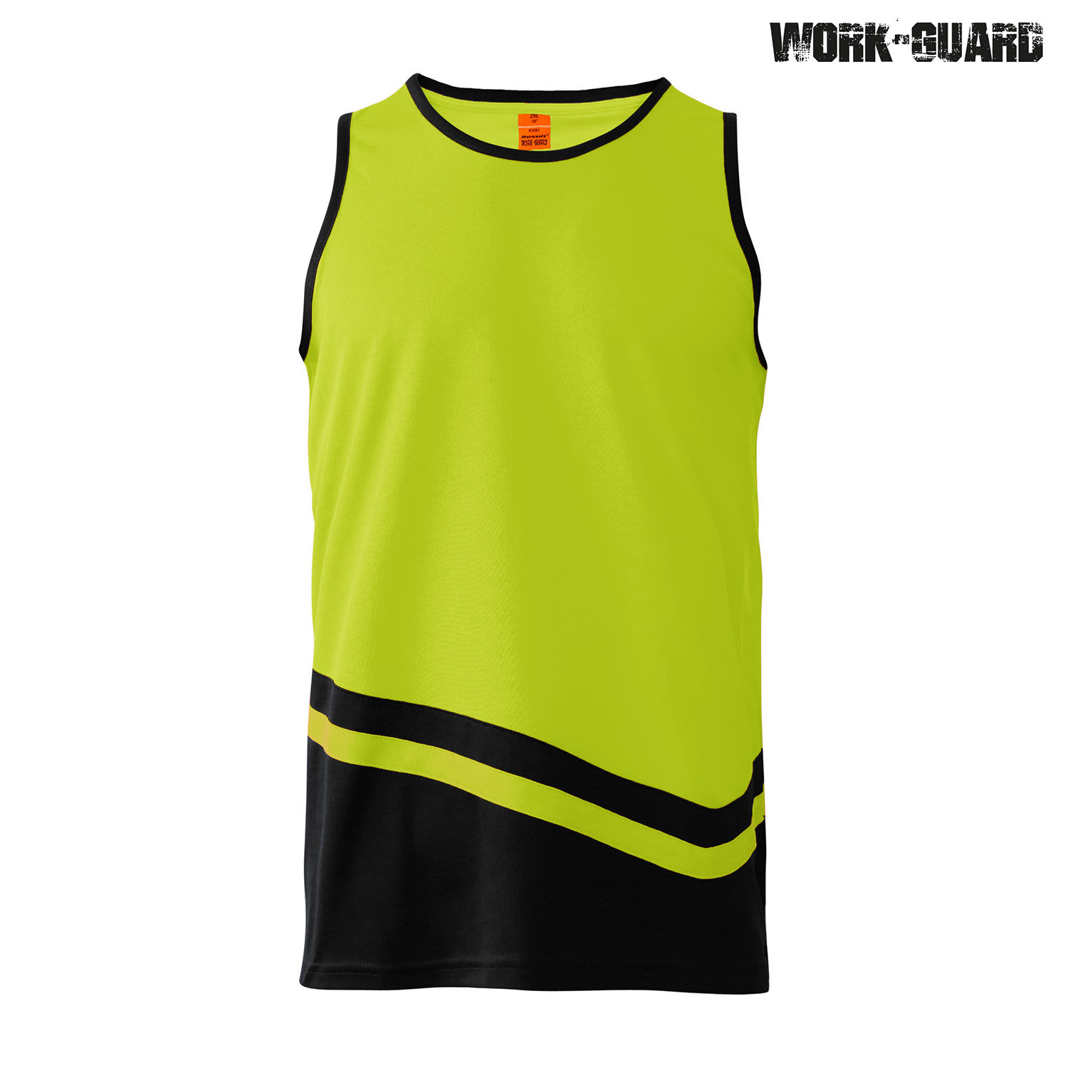 A high-visibility singlet in bright yellow with a black design, featuring a logo on the side.