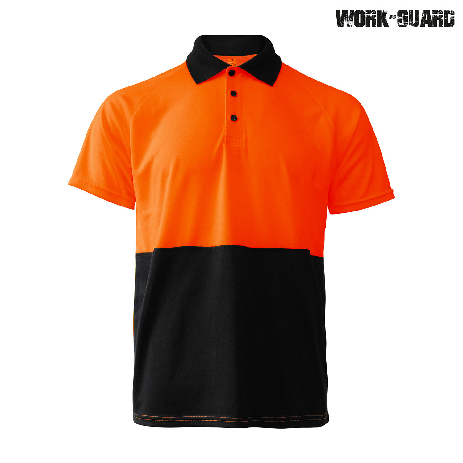 A work polo shirt in bright orange and black, featuring a collar and buttons. It has a logo.