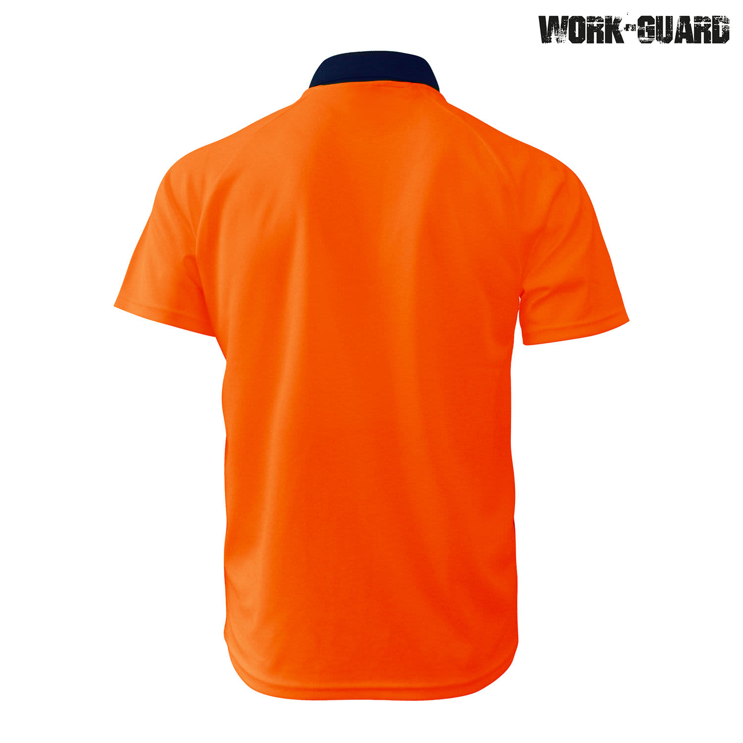 An orange polo shirt with a navy collar, featuring branding on the upper right.