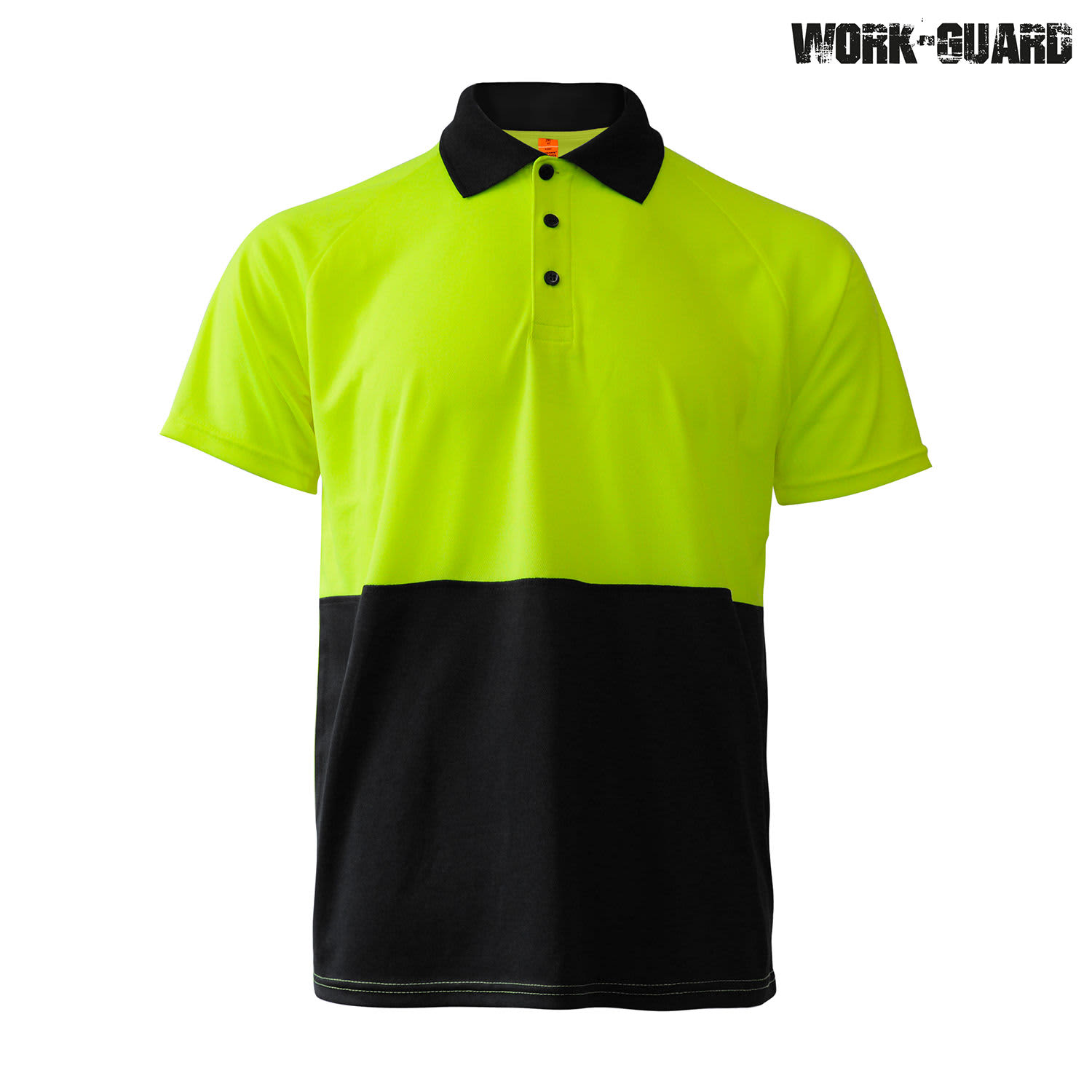 A short-sleeved polo shirt in fluorescent yellow and black, featuring a collar and a logo.