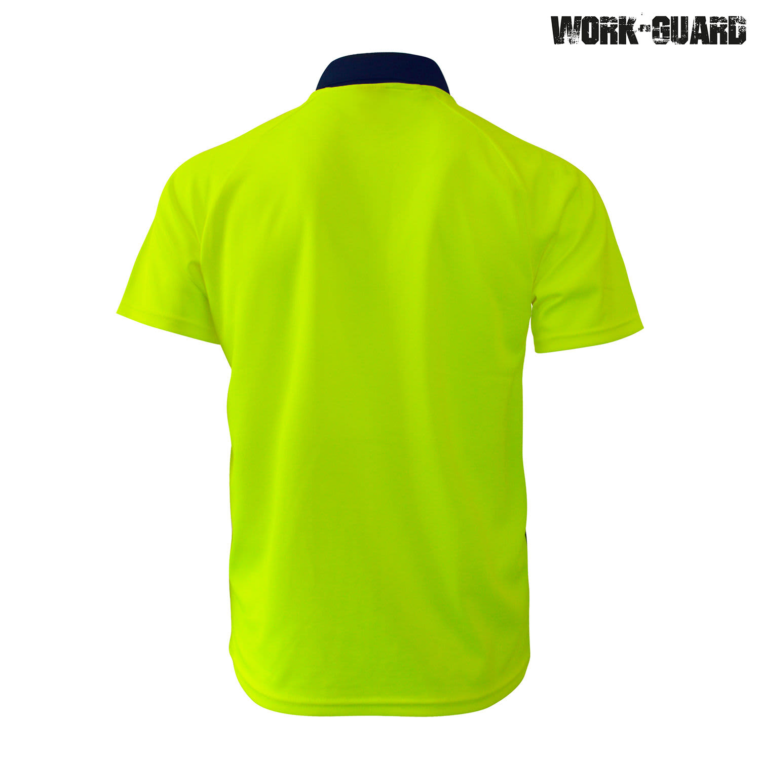 A bright yellow polo shirt with a navy collar, featuring a logo on the front. Suitable for workwear.