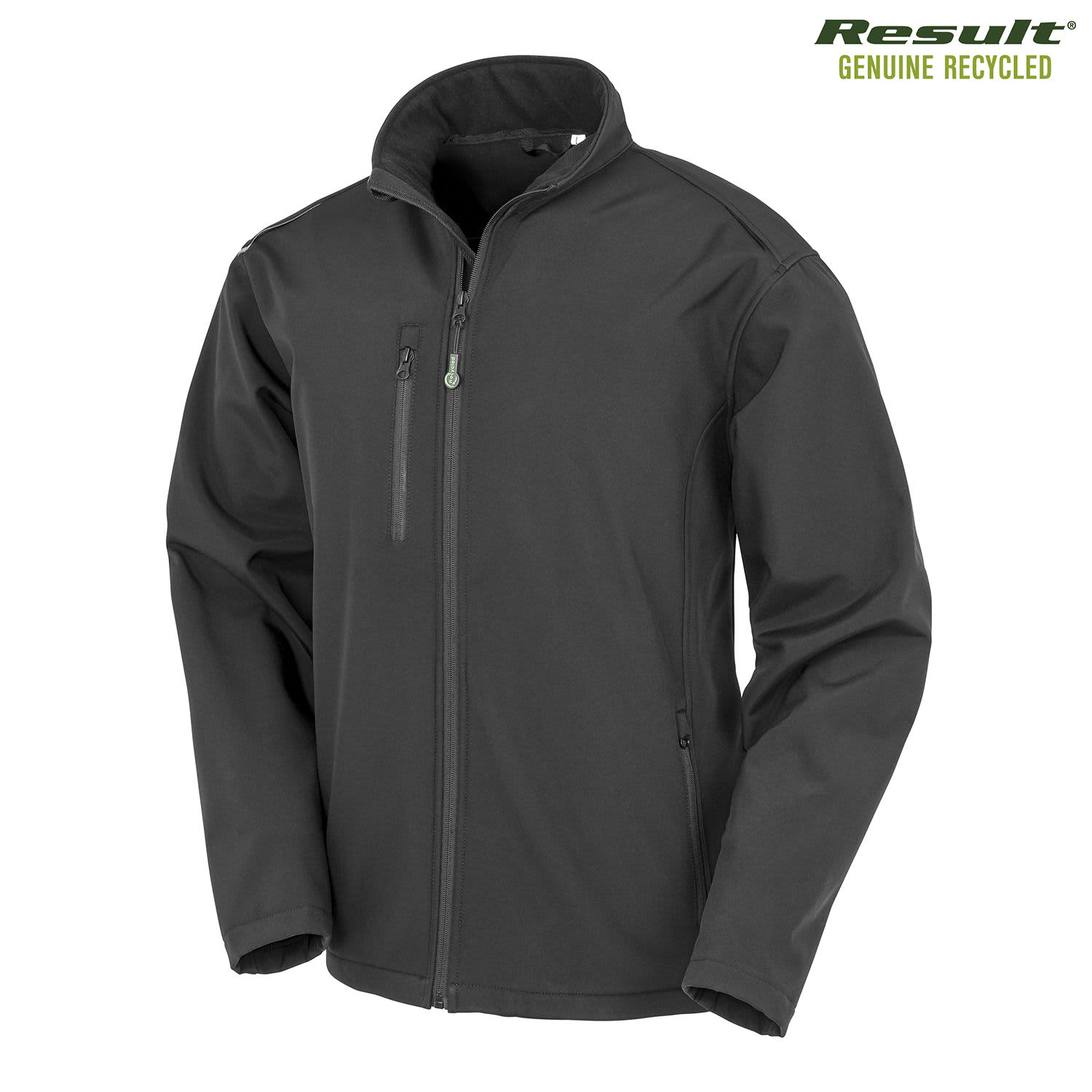 A black softshell jacket with a zip front and a chest pocket, featuring a logo on the upper right.