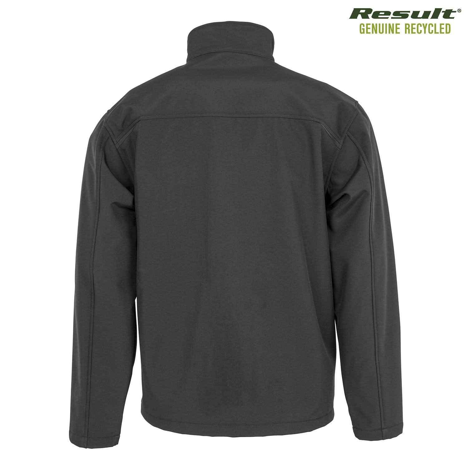 A black softshell jacket with a high collar and long sleeves, featuring a branding logo on the upper right.