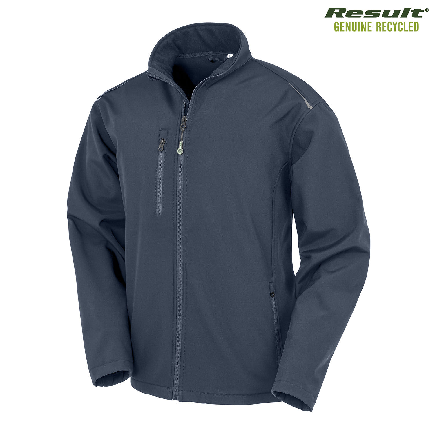 A grey softshell jacket featuring a zippered chest pocket and a logo, made from recycled materials.