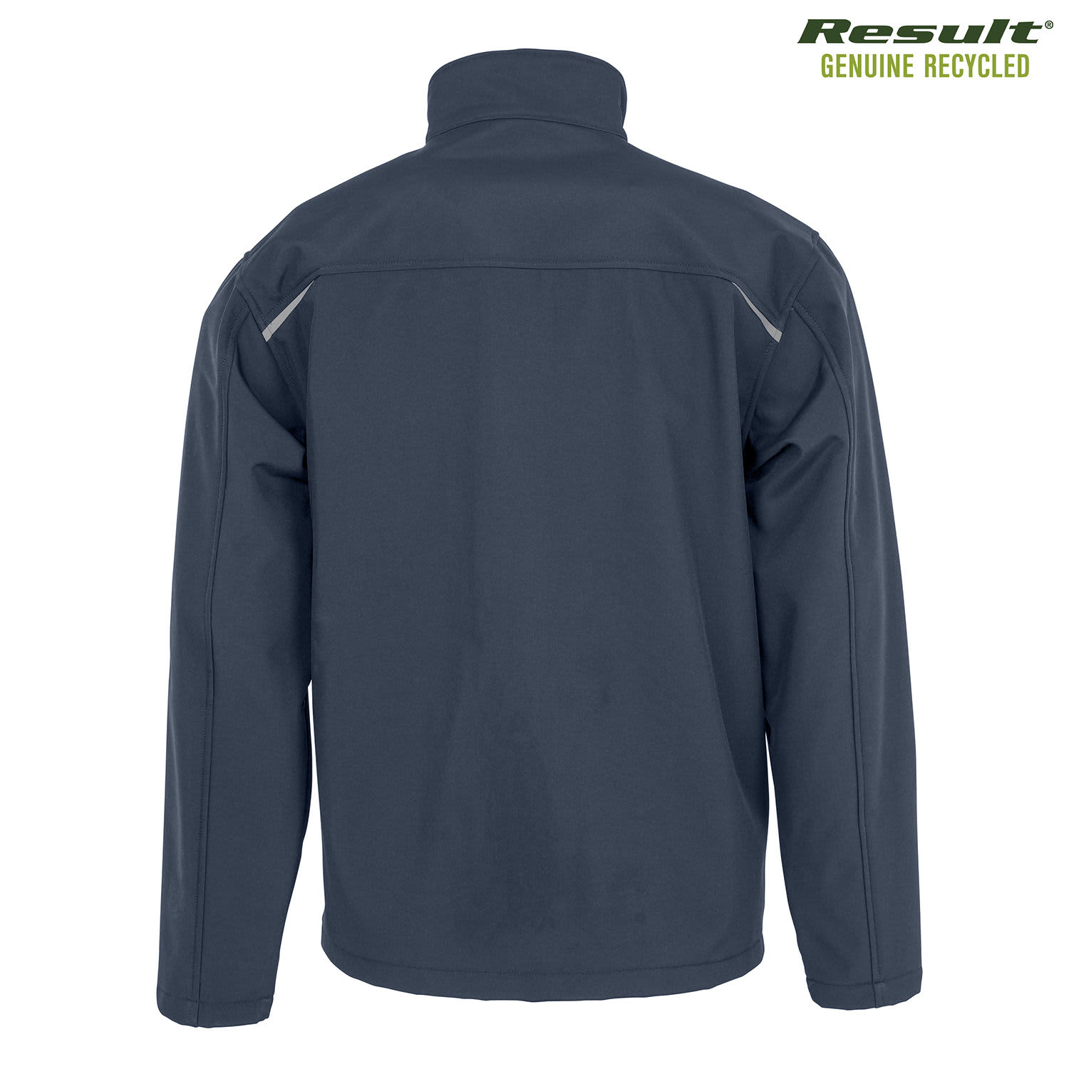 A dark grey, three-layer softshell jacket with a collar, featuring reflective accents and a logo.